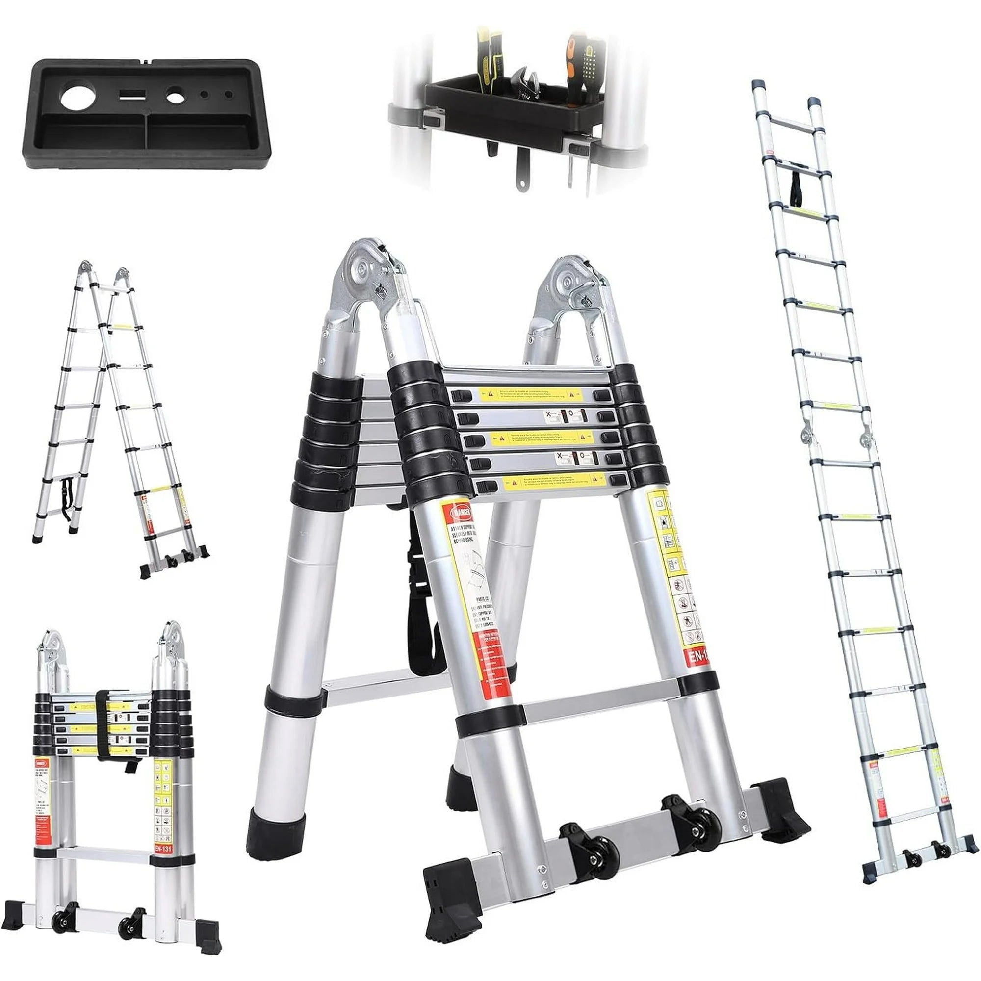 BOWEITI MULTEL-145-T 14.5' Multi-Purpose A-Frame Telescoping Extension Aluminum Ladder W/Wheels/Tooltray 330lb Capacity