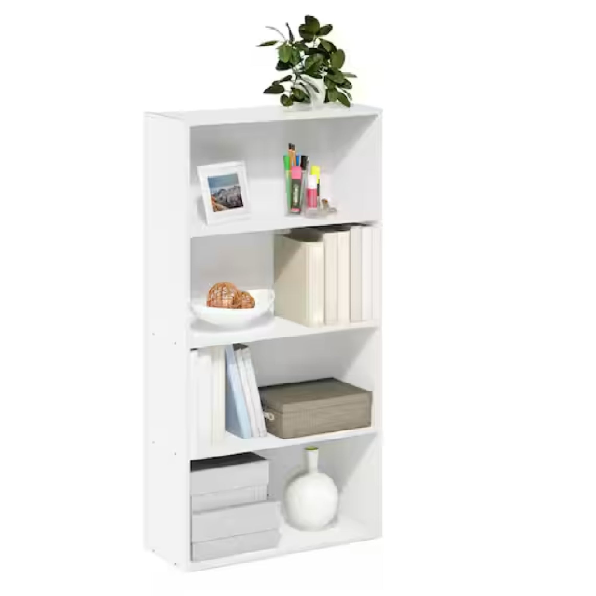 Furinno 11209WH 23.6 in. White Wood 4-Shelf Standard Bookcase with Storage