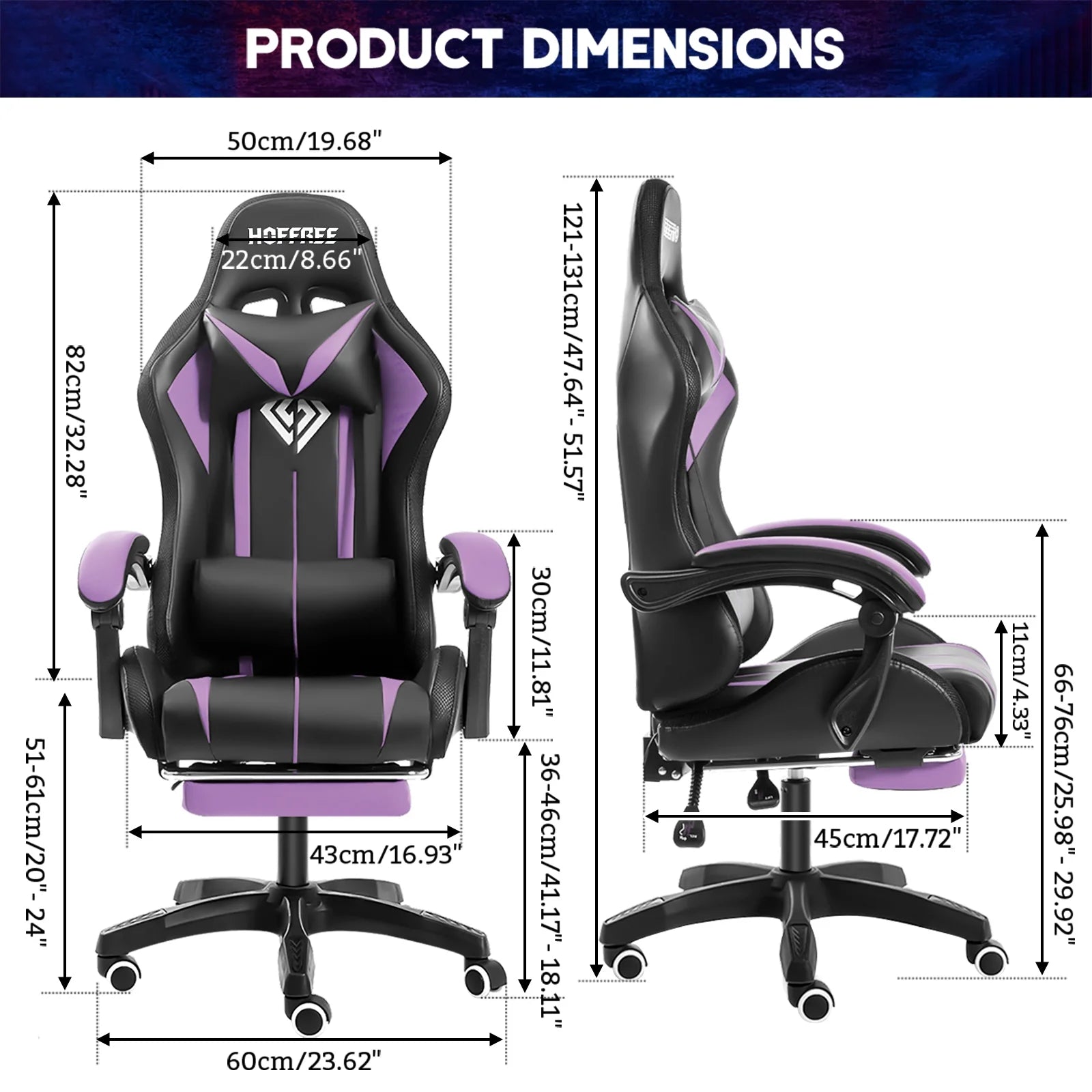 Hoffree HOGC-GP202 Gaming Chair with Massage PU Leather Office Chair with Footrest and LED Light Ergonomic Lumbar Support Adjustable Headrest High Back, Purple