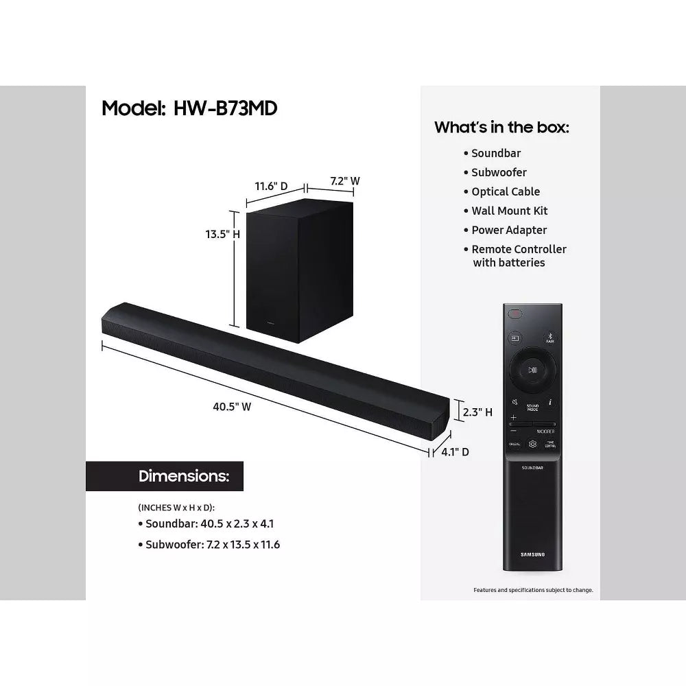 Samsung HW-B73MD 5.1ch. DTS Virtual:X Soundbar with Bass Boost and Wireless Sub - Black