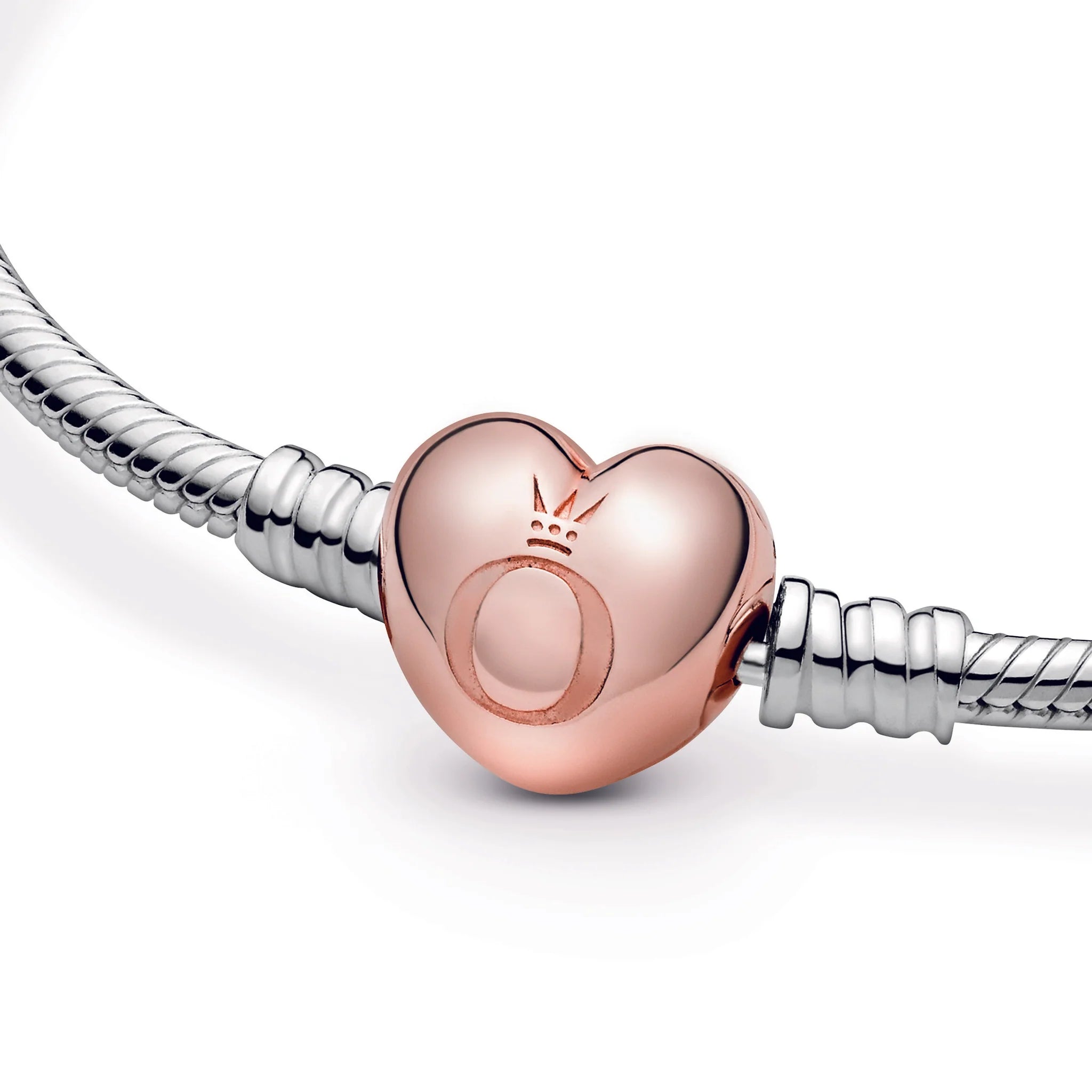 Pandora Moments Women's Sterling Silver Snake Chain Charm Bracelet with Rose Gold Heart Clasp