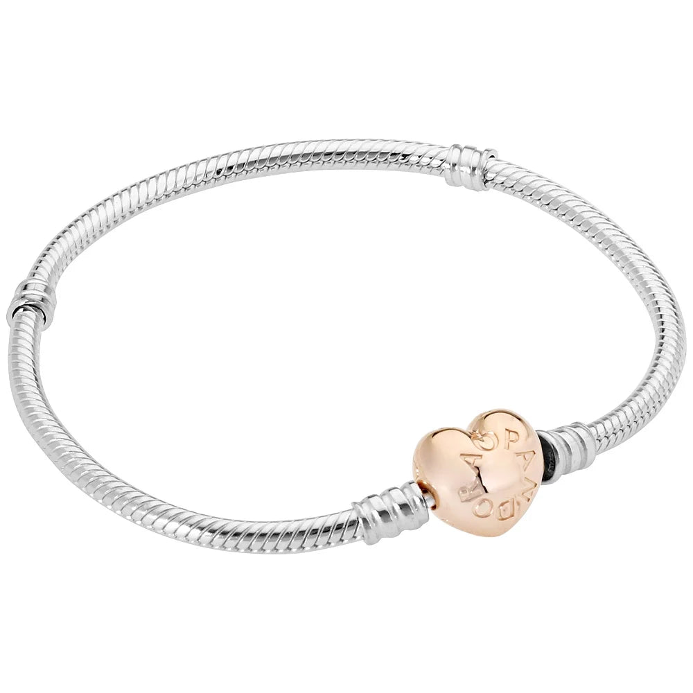 Pandora Moments Women's Sterling Silver Snake Chain Charm Bracelet with Rose Gold Heart Clasp