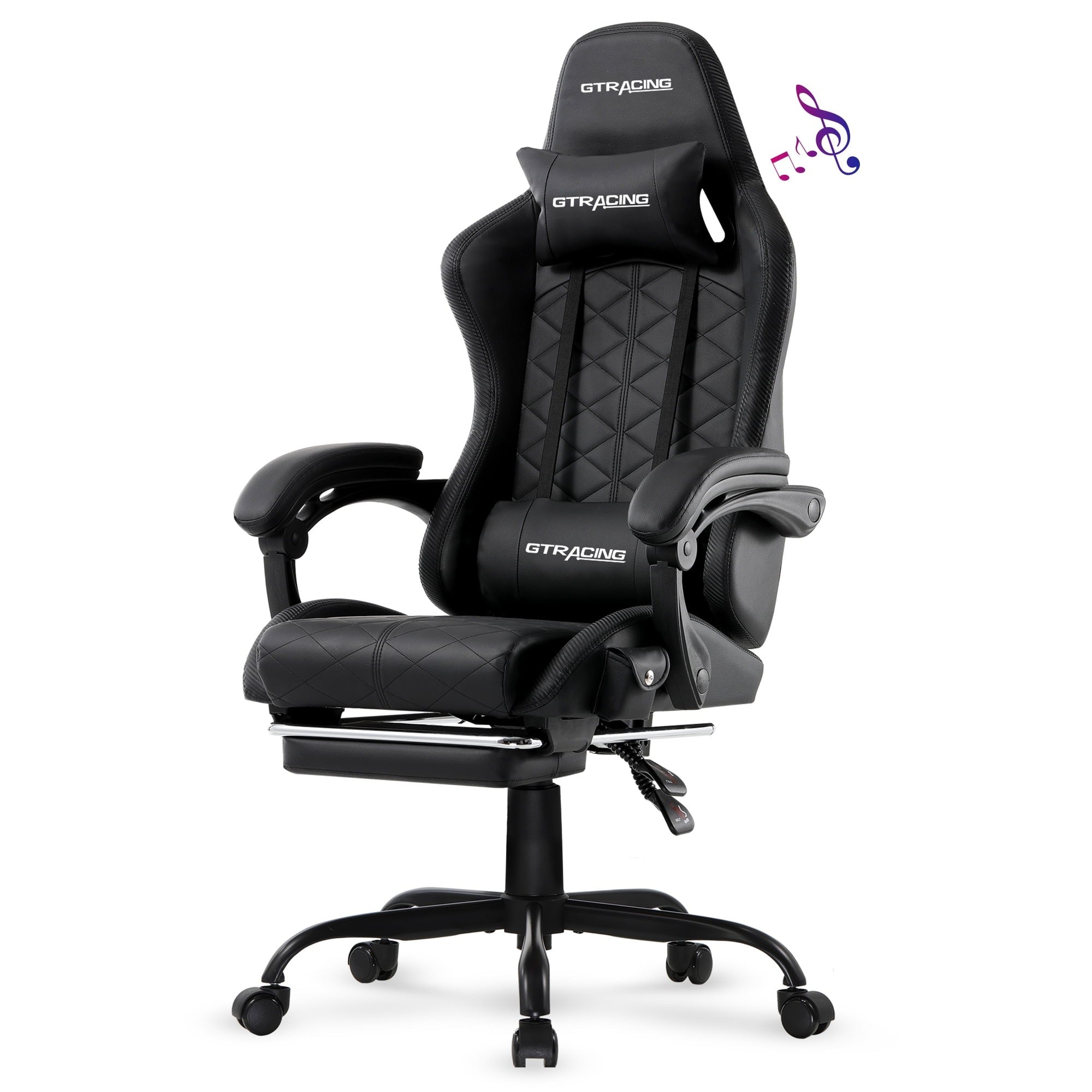 Gtracing GTW-100-BLACK Ultimate Reclining Gaming Chair with Bluetooth Sound, Adjustable Pillows & Footrest, Black