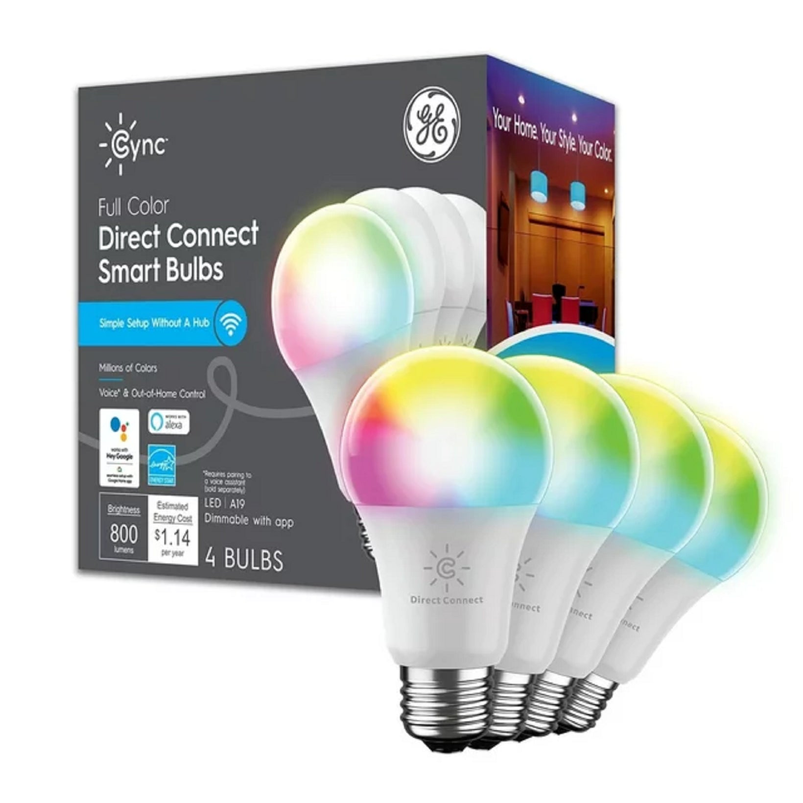 General Electric 990285214 Cync LED 9W (60W) Smart Home Full Color A19 Smart Bulbs (4 Ct)