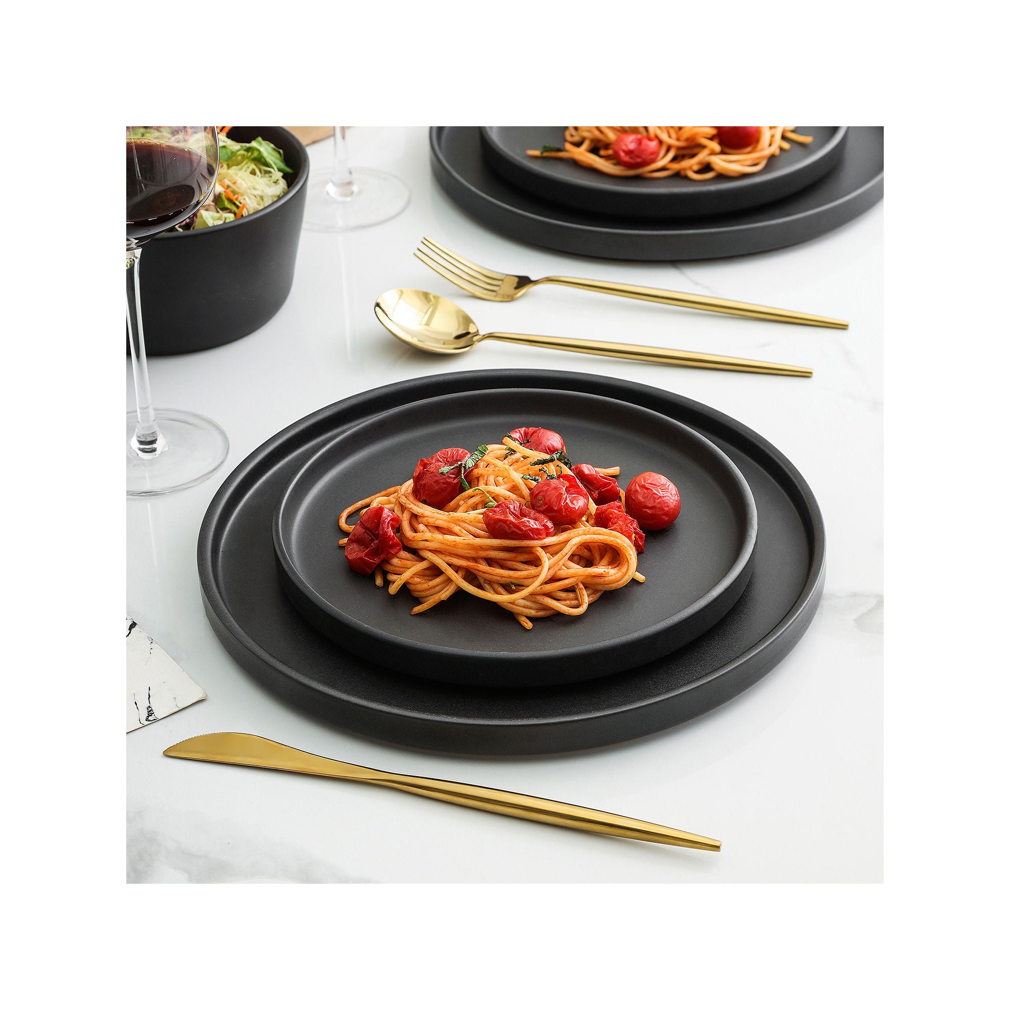 Stone Lain 16 Pieces Stoneware Round Dinnerware Set, Service for 4 in Black Matte, Fashionable Moder