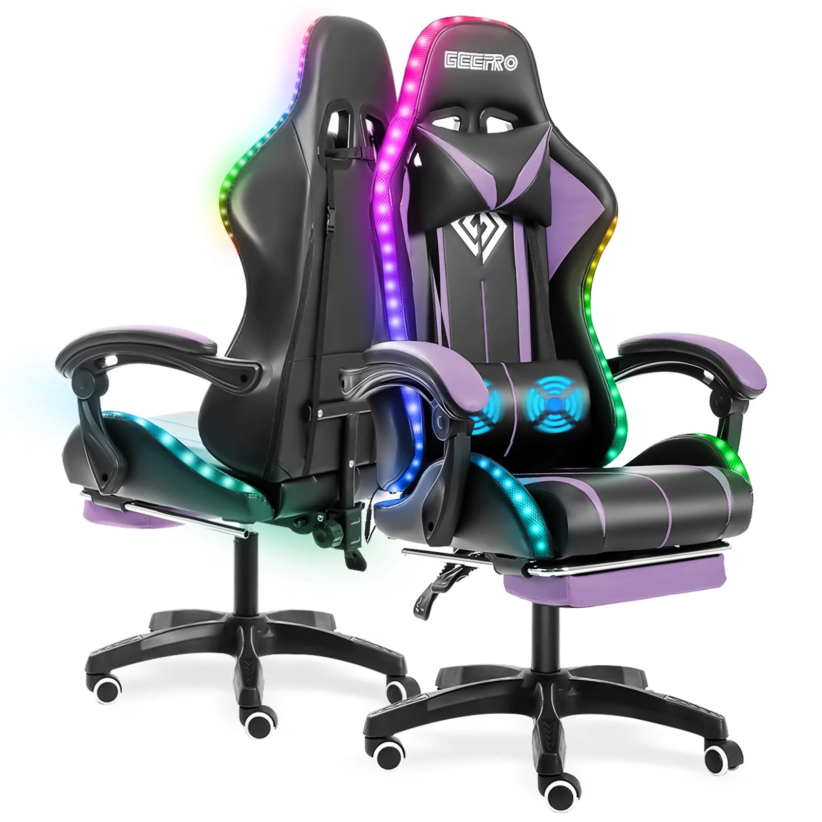 Hoffree HOGC-GP202 Gaming Chair with Massage PU Leather Office Chair with Footrest and LED Light Ergonomic Lumbar Support Adjustable Headrest High Back, Purple