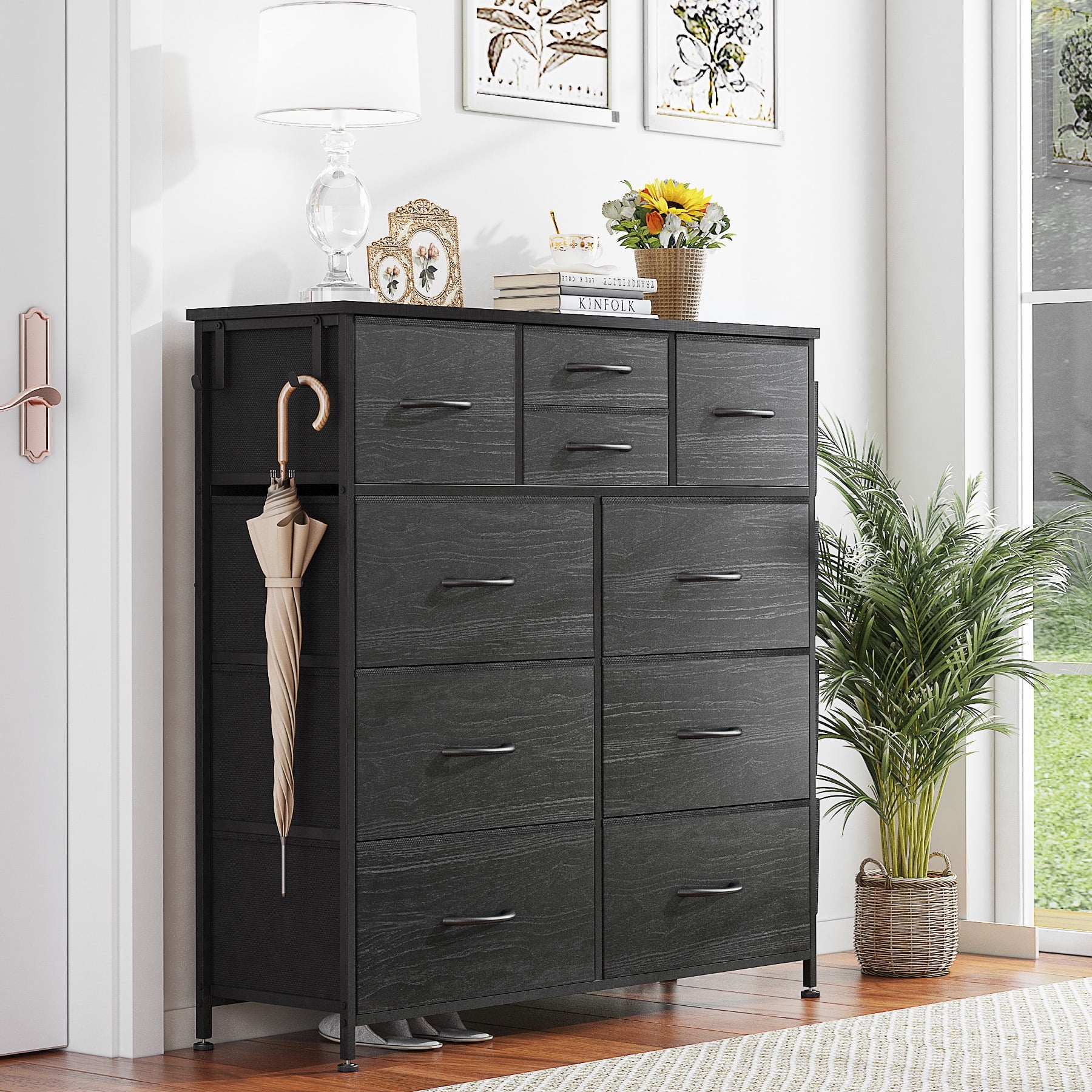 GIKPAL 10 Drawer Dresser Chest of Drawers for Bedroom with Side Pockets and Hooks, Black