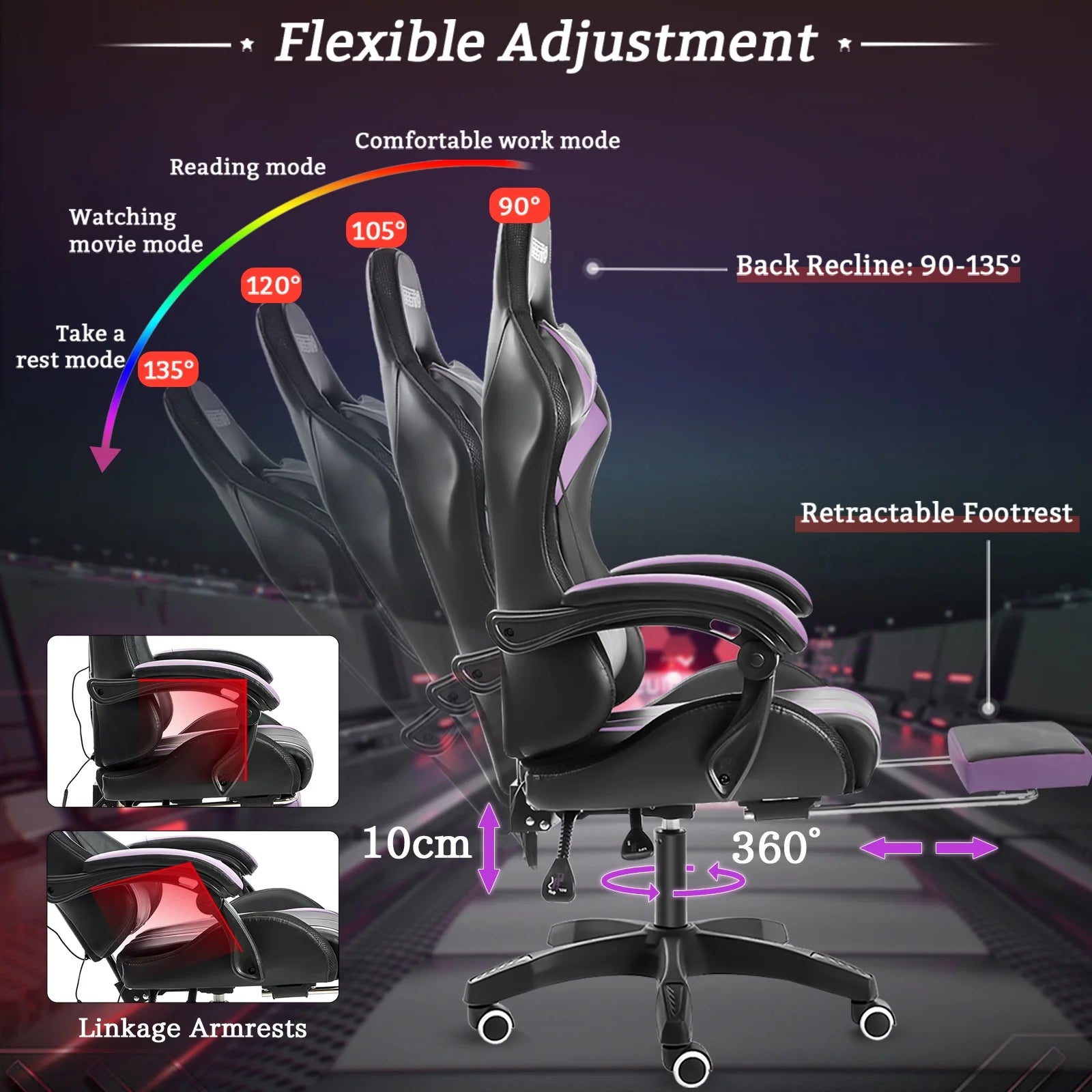 Hoffree HOGC-GP202 Gaming Chair with Massage PU Leather Office Chair with Footrest and LED Light Ergonomic Lumbar Support Adjustable Headrest High Back, Purple