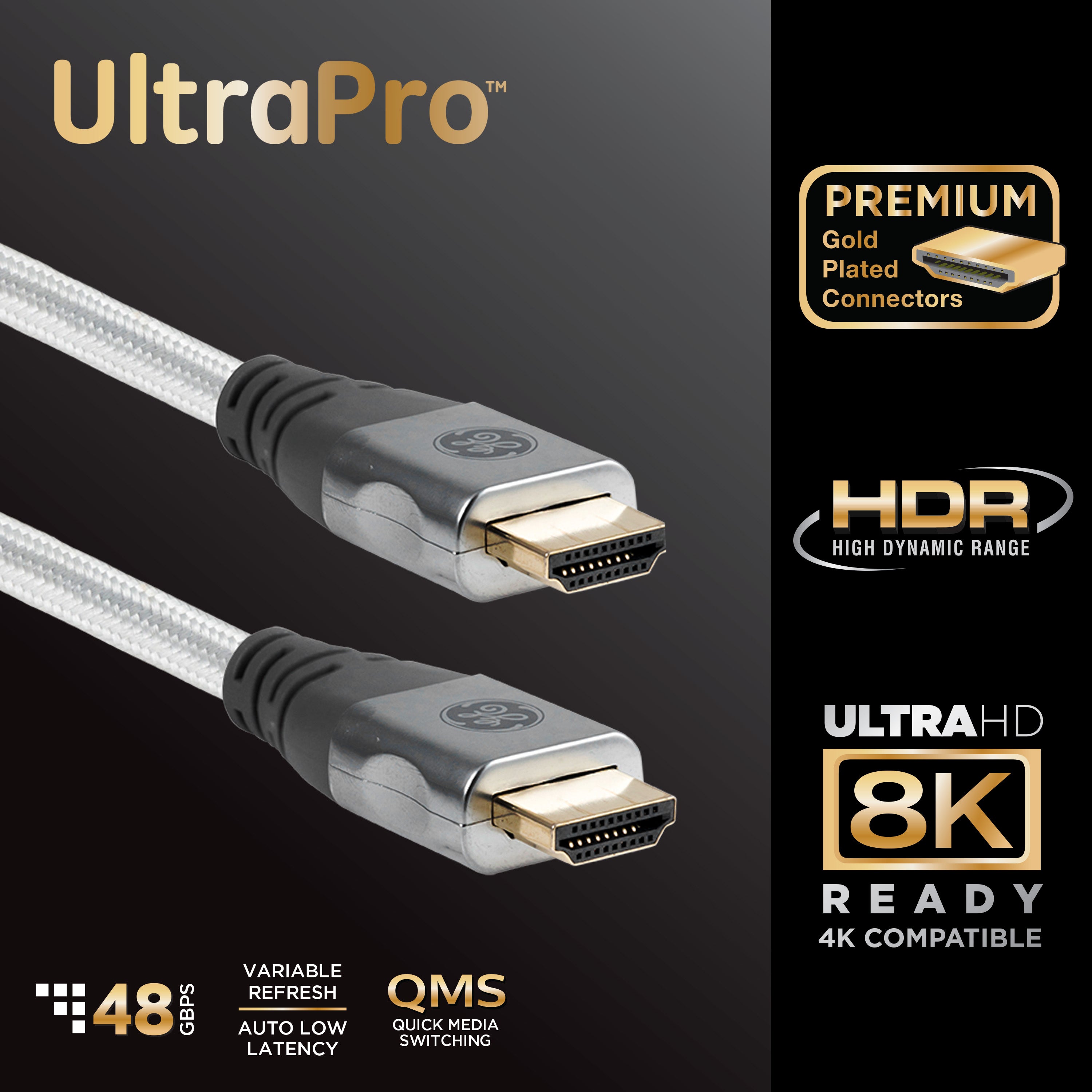 GE 50426 HDMI 8ft Ultra pro Premium High-Speed 8K UHDR 48GBPS Dynamic Cable - Gray