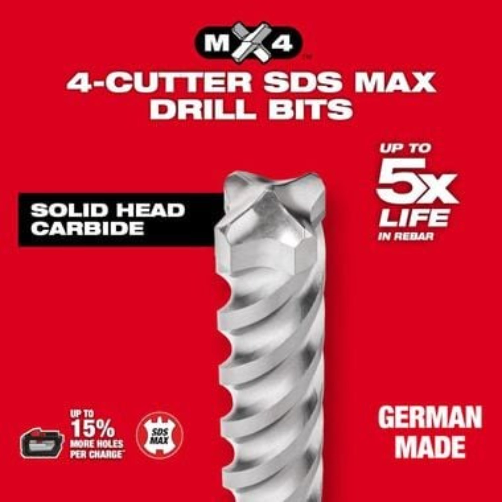 Milwaukee 48-20-3955 SDS MAX Rotary Hammer Drill Bit 4CT MX4 1inch X 24inch X 29inch