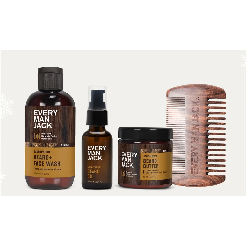 Every Man Jack 01590 Men's Beard Care Christmas Holiday Gift Set, Sandalwood, 4 Pieces