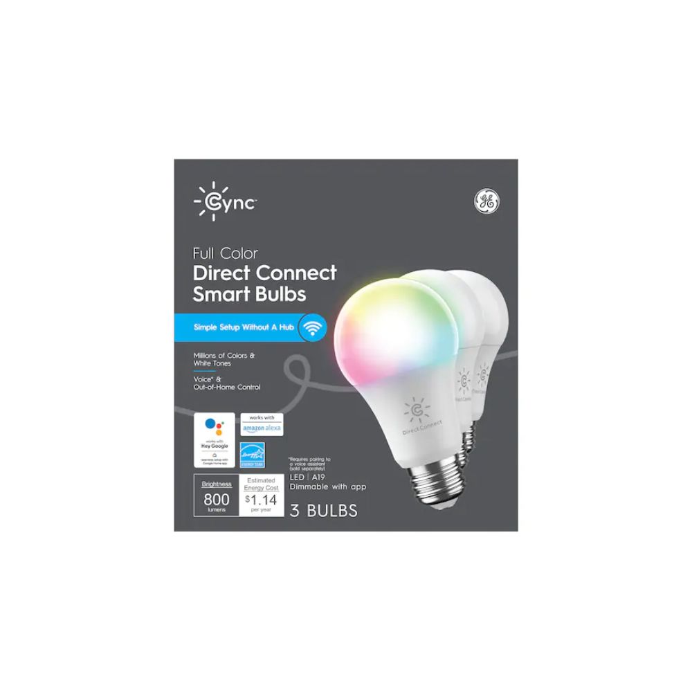 GE 93129822 Cync 60-Watt EQ A19 Full Color Dimmable Smart LED Light Bulb (3-Pack)