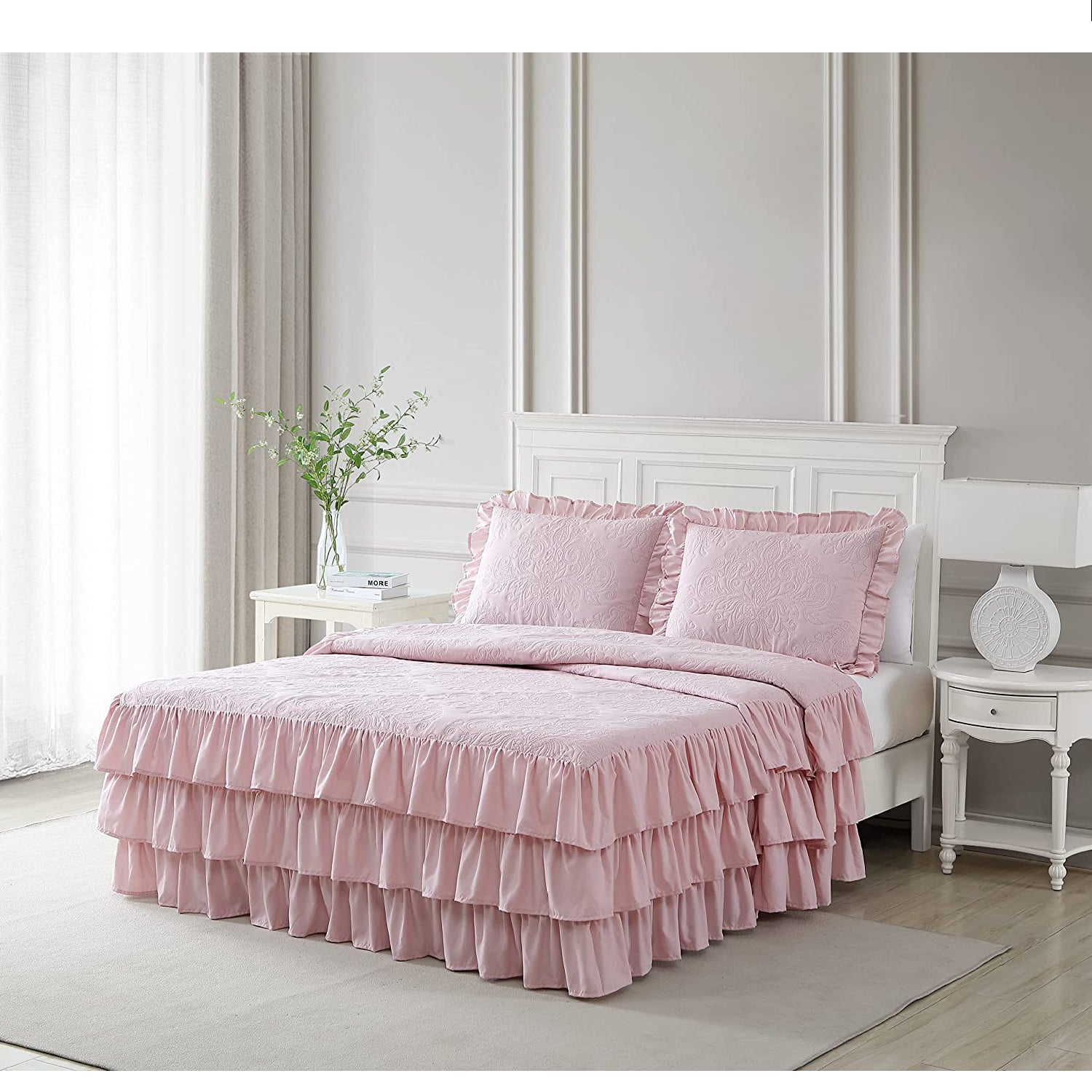 Beatrice Home Fashions TRIPLE QN BED ST - Pink Triple Ruffle Bedspread Set Pink - Queen