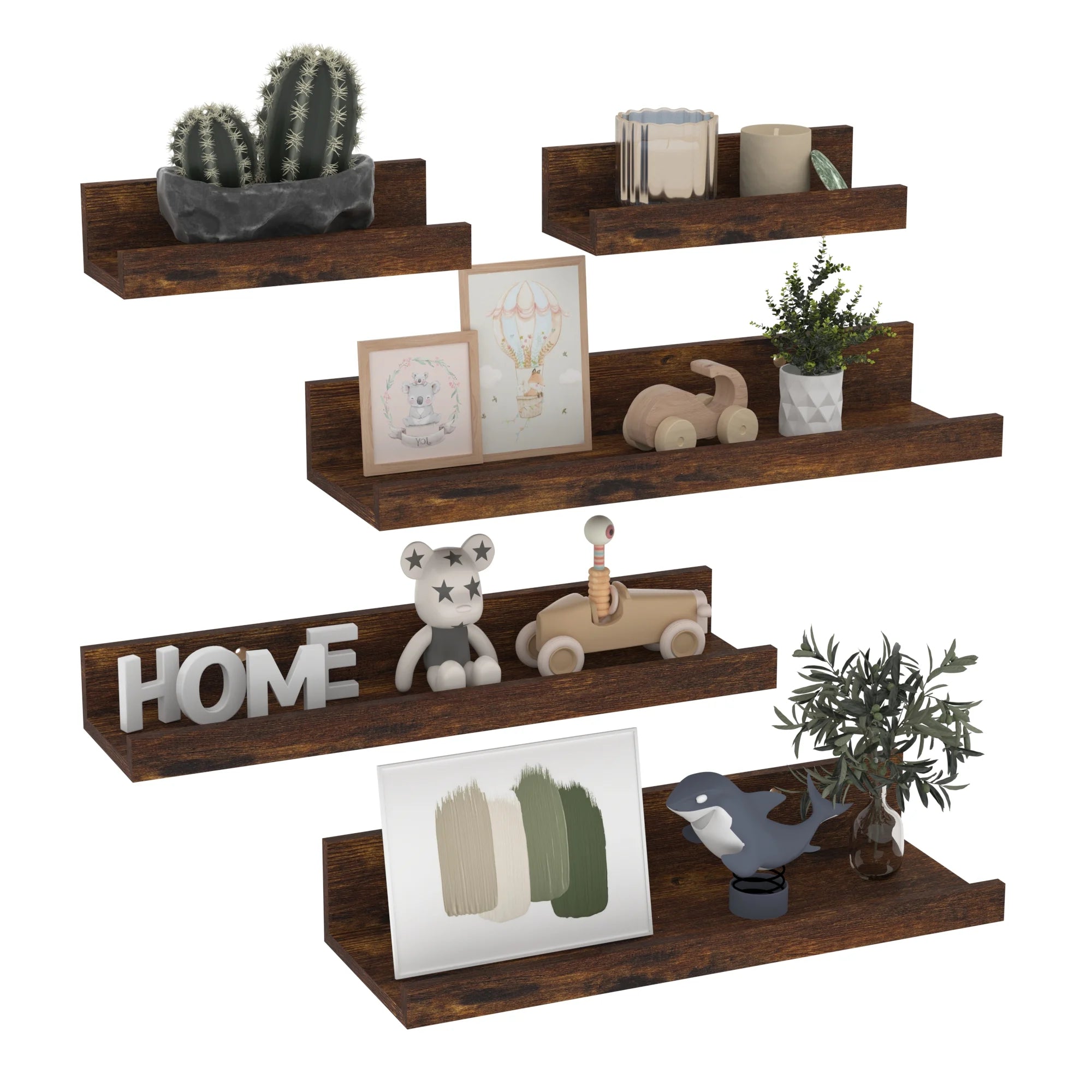 Mebrudy BJ10025 Rustic Floating Wall Mounted Shelves, 5Ct Brown