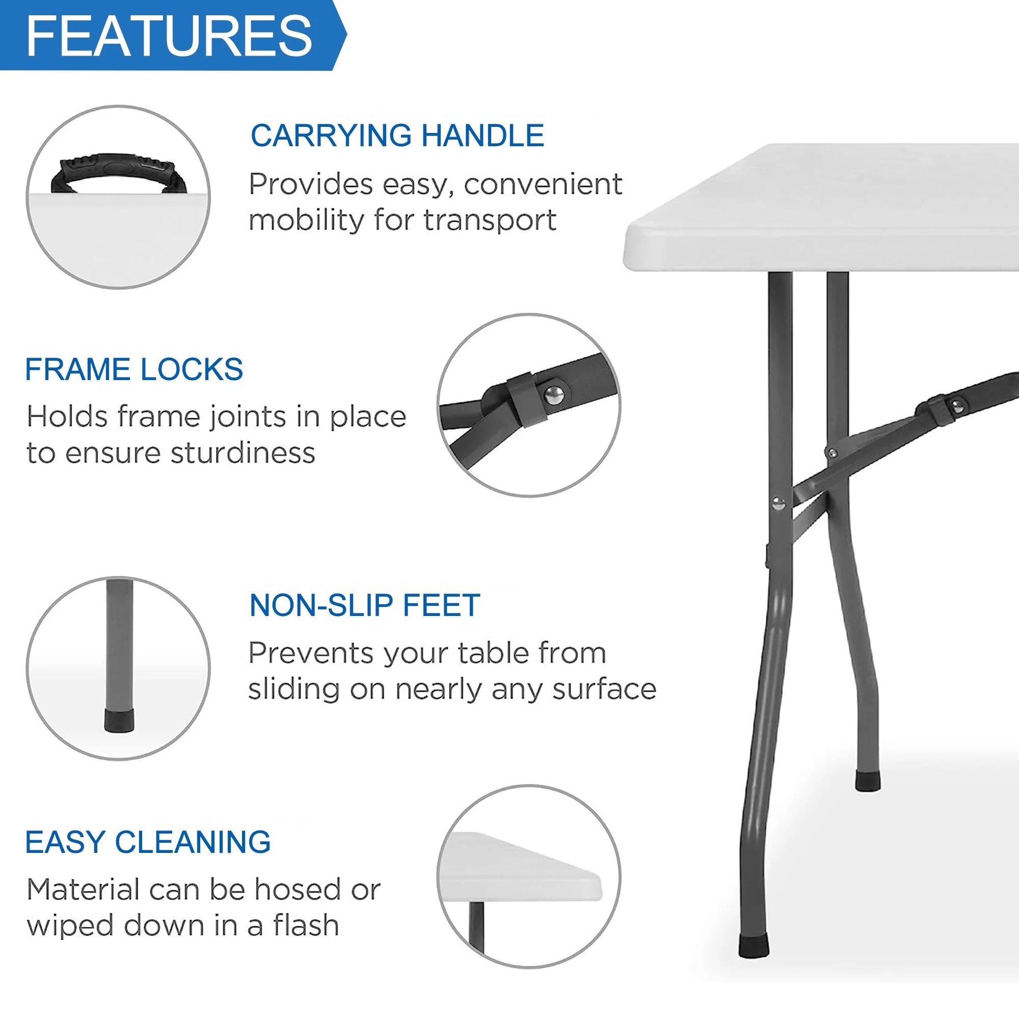 Clipeyh FT67990 6' Plastic Folding Table W/Built-in Handle, White