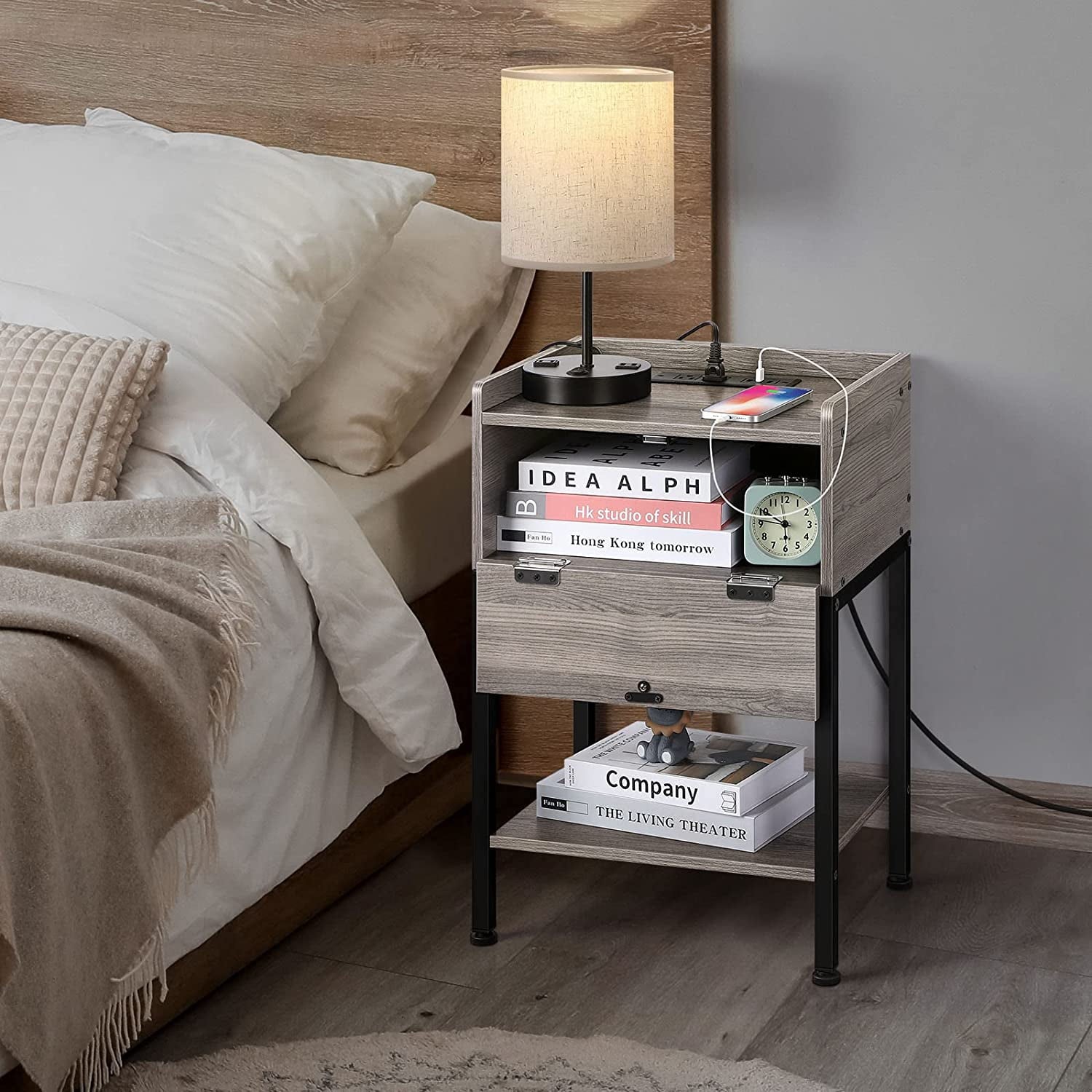 ETELI Oumilen Wood Side Table with Charging Station Nightstand End Table with Storage Drawer, Gray - Safety & Durable