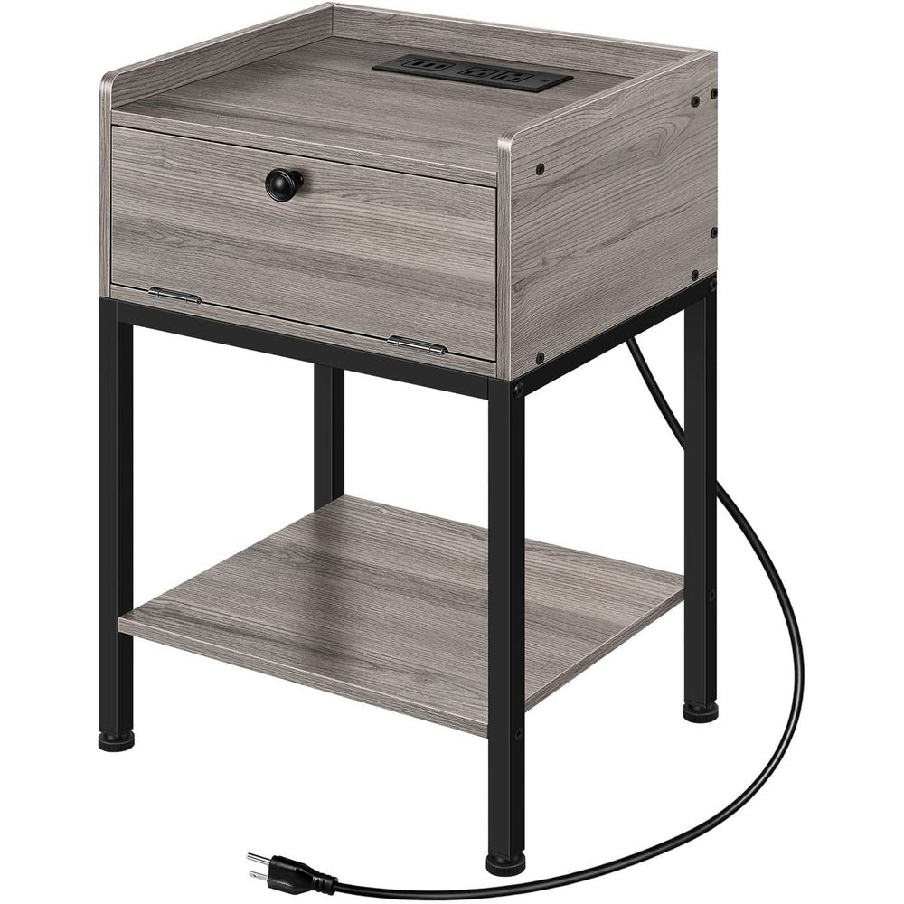 ETELI Oumilen Wood Side Table with Charging Station Nightstand End Table with Storage Drawer, Gray - Safety & Durable