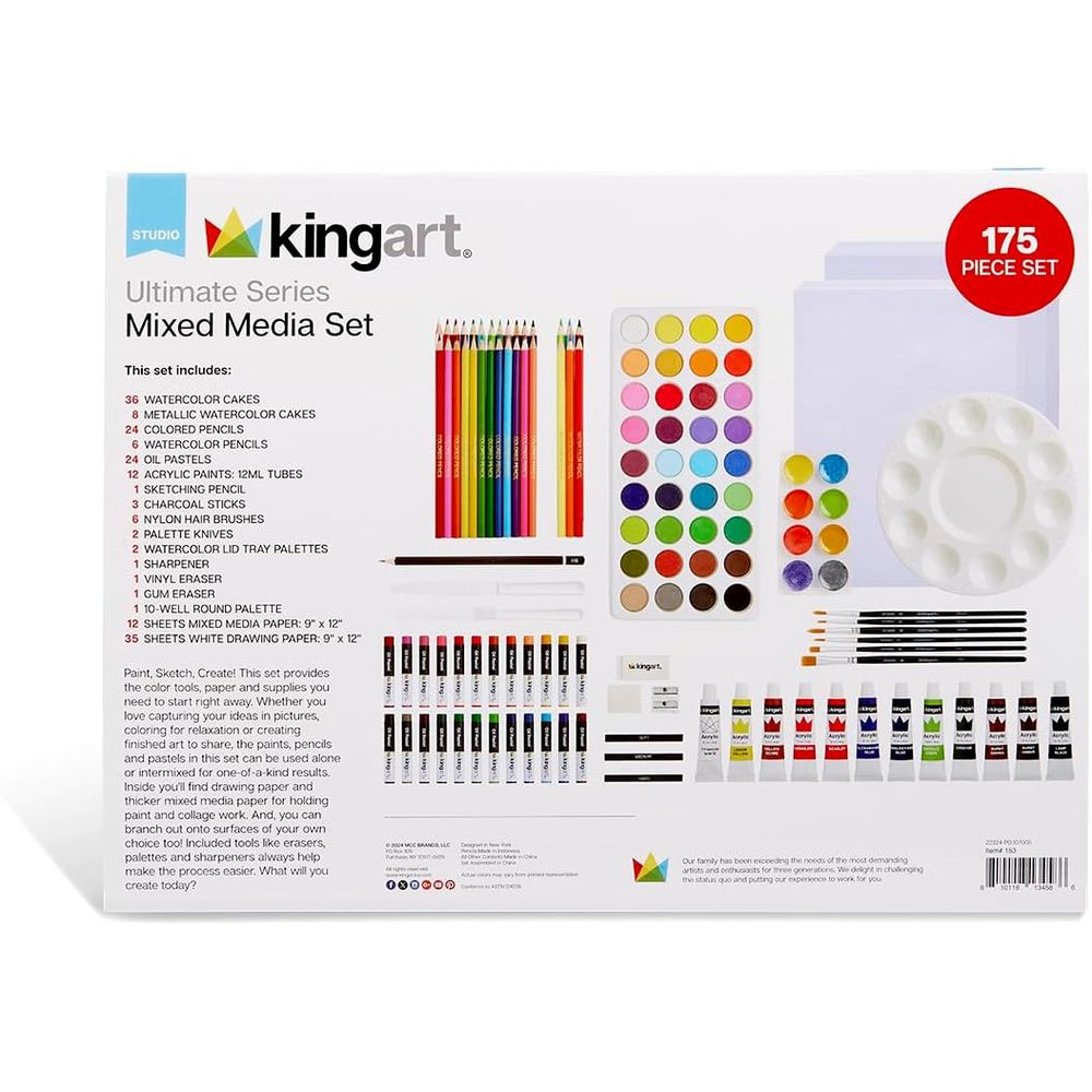 KINGART 153 Ultimate Series 175 Piece Mixed Media Art Set, Colored Pencils, Oil Pastels, Acrylic Paints, Brushes