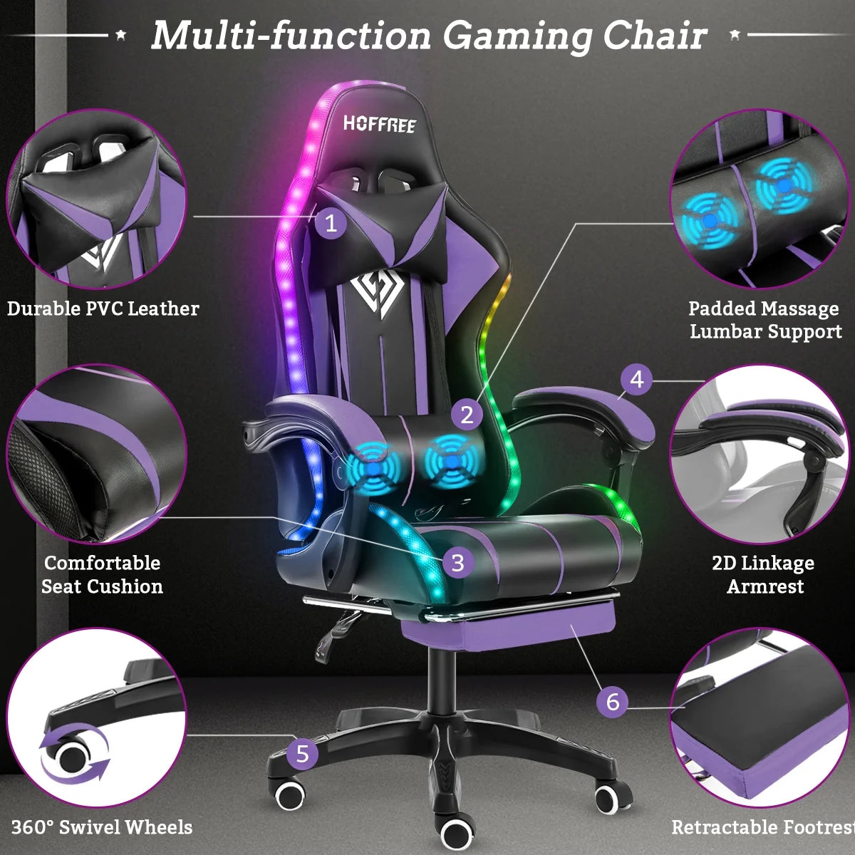 Hoffree HOGC-GP202 Gaming Chair with Massage PU Leather Office Chair with Footrest and LED Light Ergonomic Lumbar Support Adjustable Headrest High Back, Purple