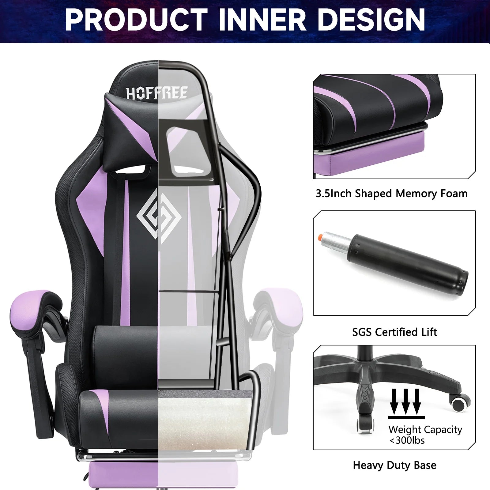 Hoffree HOGC-GP202 Gaming Chair with Massage PU Leather Office Chair with Footrest and LED Light Ergonomic Lumbar Support Adjustable Headrest High Back, Purple