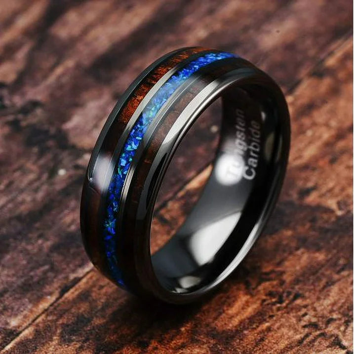 100S JEWELRY Gunmetal Tungsten Ring for Men Koa Wood Blue Opal Inlaid Wedding Band Promise,12