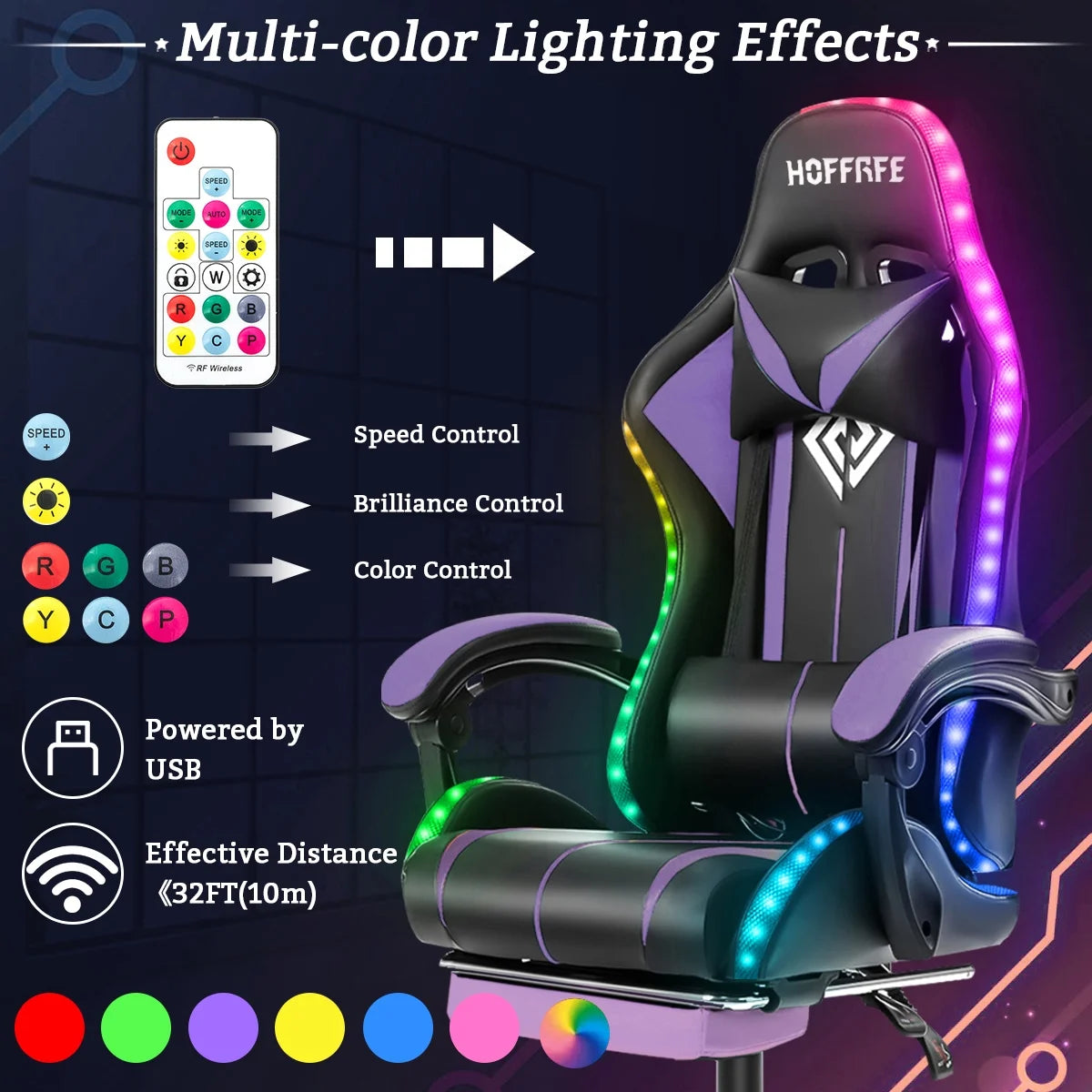 Hoffree HOGC-GP202 Gaming Chair with Massage PU Leather Office Chair with Footrest and LED Light Ergonomic Lumbar Support Adjustable Headrest High Back, Purple