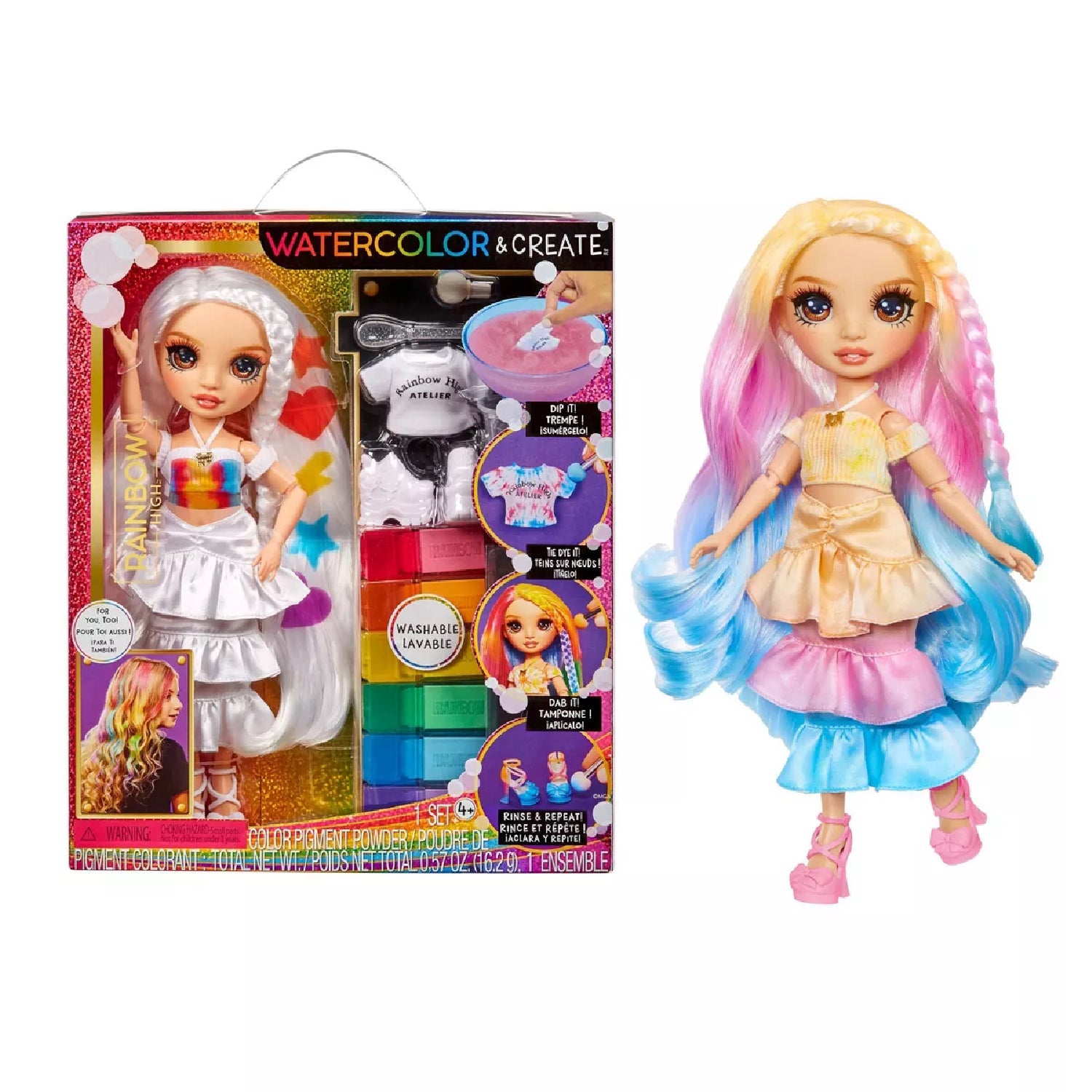 Rainbow High 507598C3 Watercolor & Create Fashion DIY Doll with Washable Watercolors + Tie-Dye Kit, Brown Eyes, Curled Hair