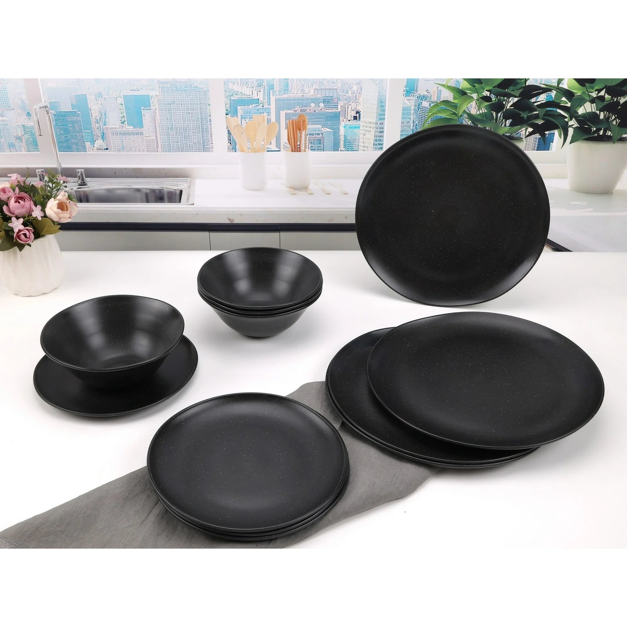 Mainstays 12-Piece Eco-Friendly Dinnerware Set, Black