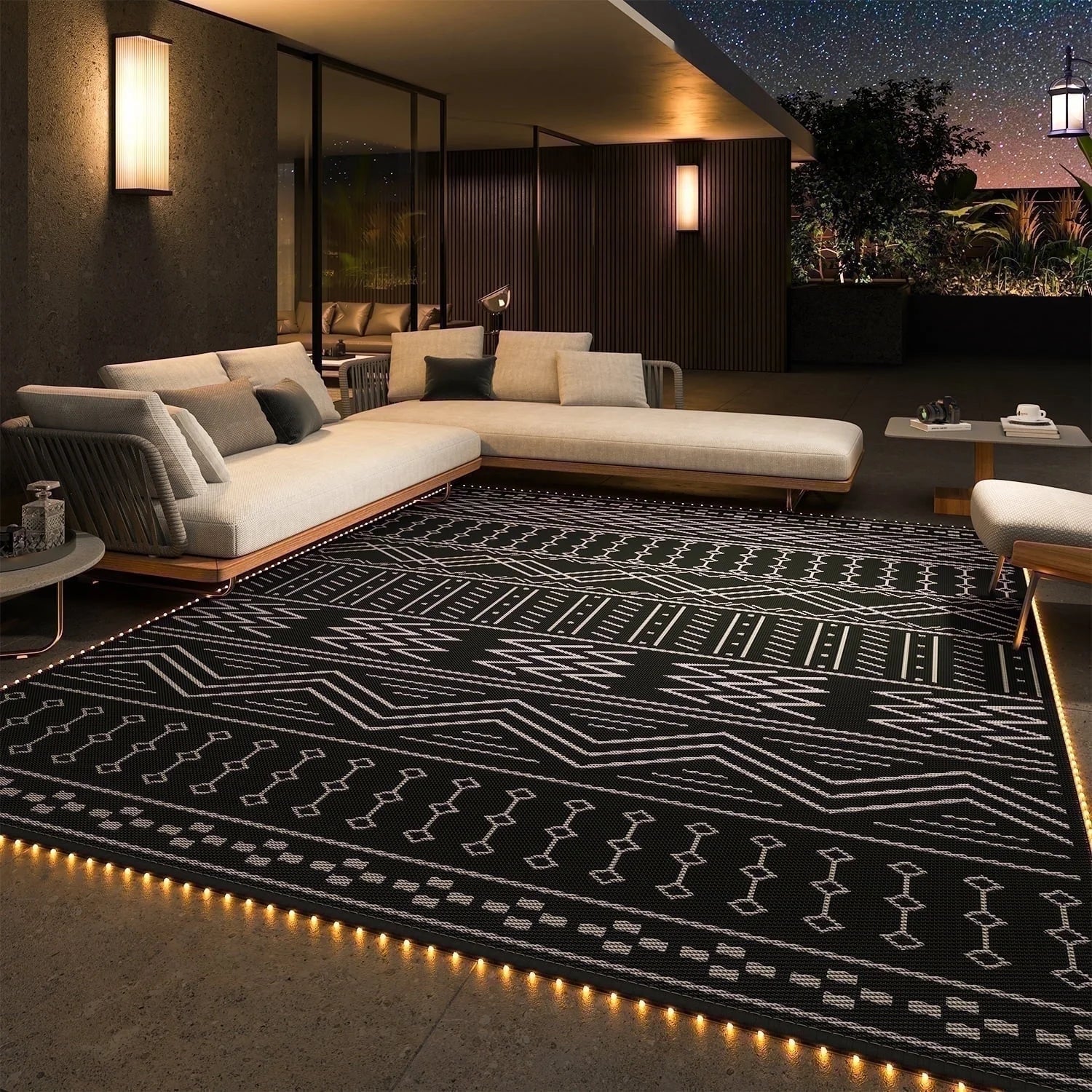 SIXHOME PPG-BL-GRAY-DD-912 Outdoor Rug with LED Strip Lights 9'x12', Dark Gray and White