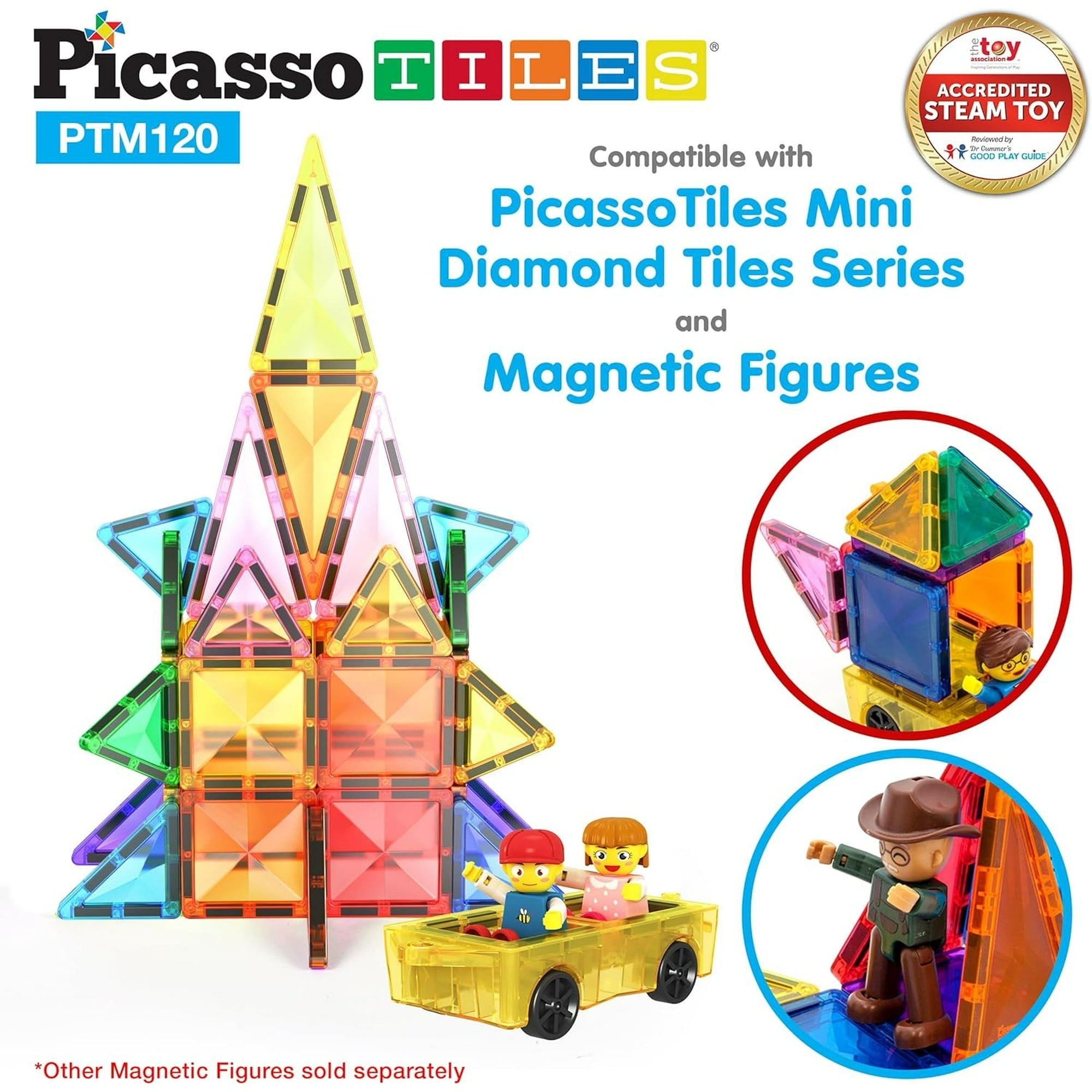 PicassoTiles PTM120 Travel Size Magnetic Tiles Building Block, 120 PC