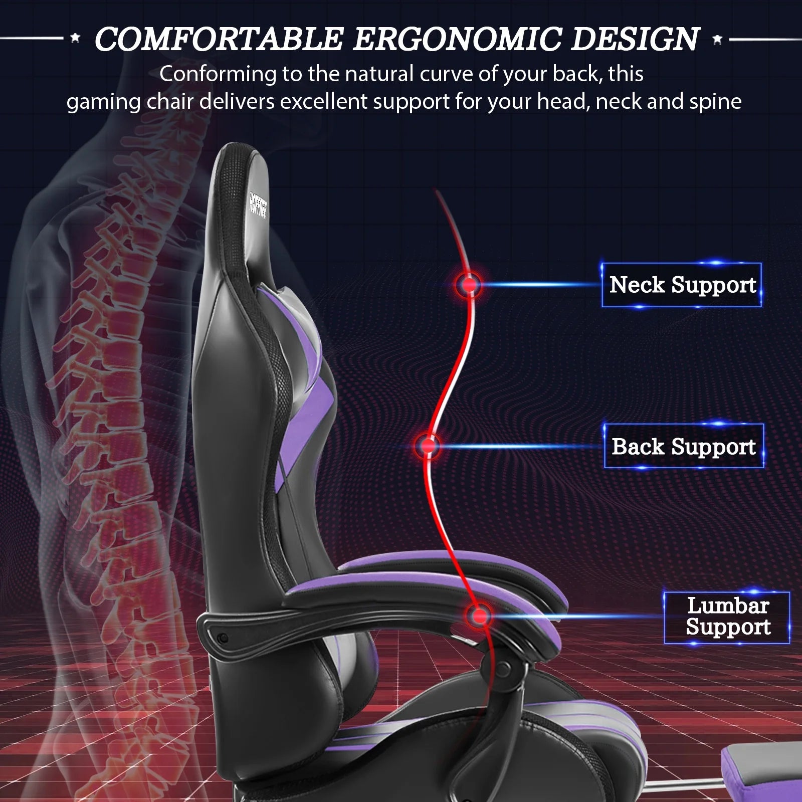 Hoffree HOGC-GP202 Gaming Chair with Massage PU Leather Office Chair with Footrest and LED Light Ergonomic Lumbar Support Adjustable Headrest High Back, Purple