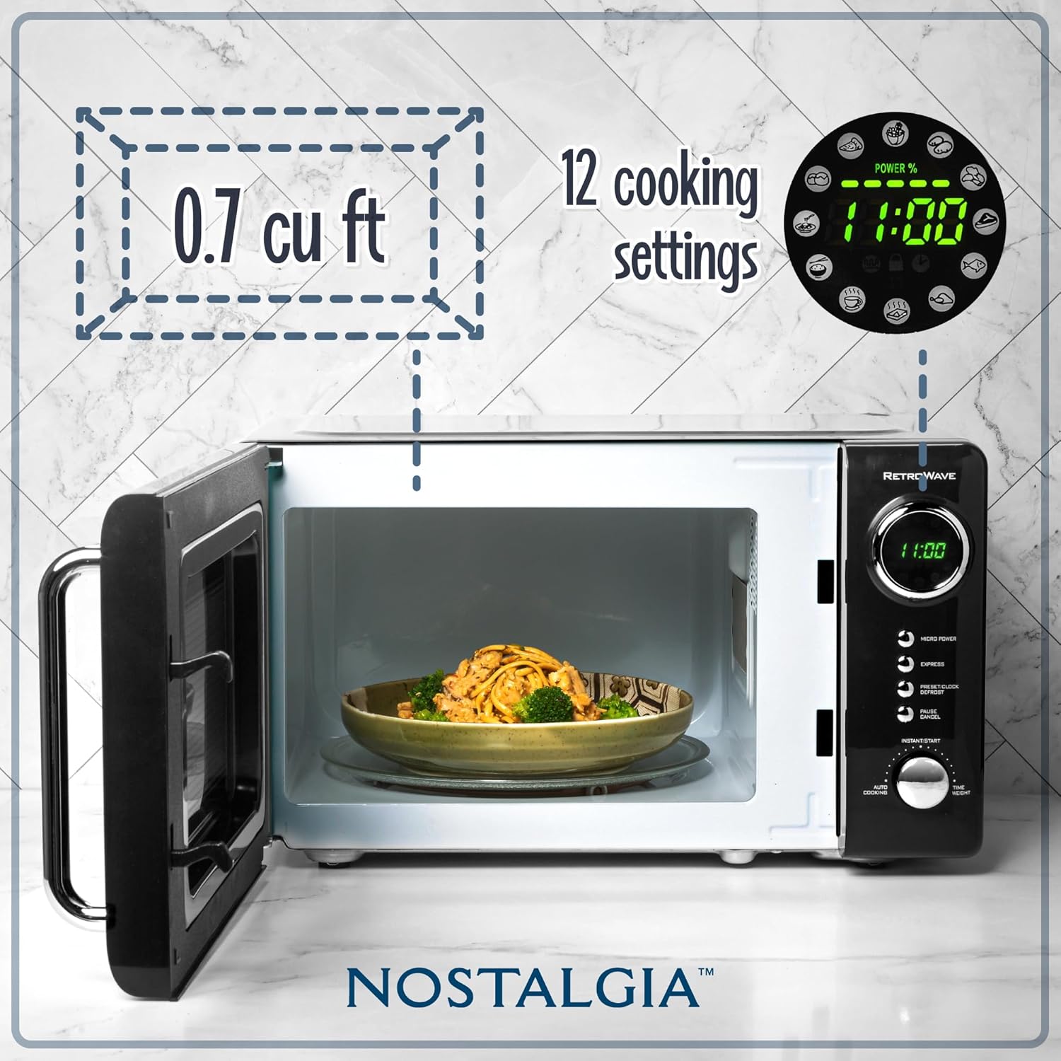 Nostalgia NRMO7BK6AD1 Retro Compact Countertop Microwave Oven - 0.7 Cu. Ft. - 700-Watts with LED Digital Display, Black