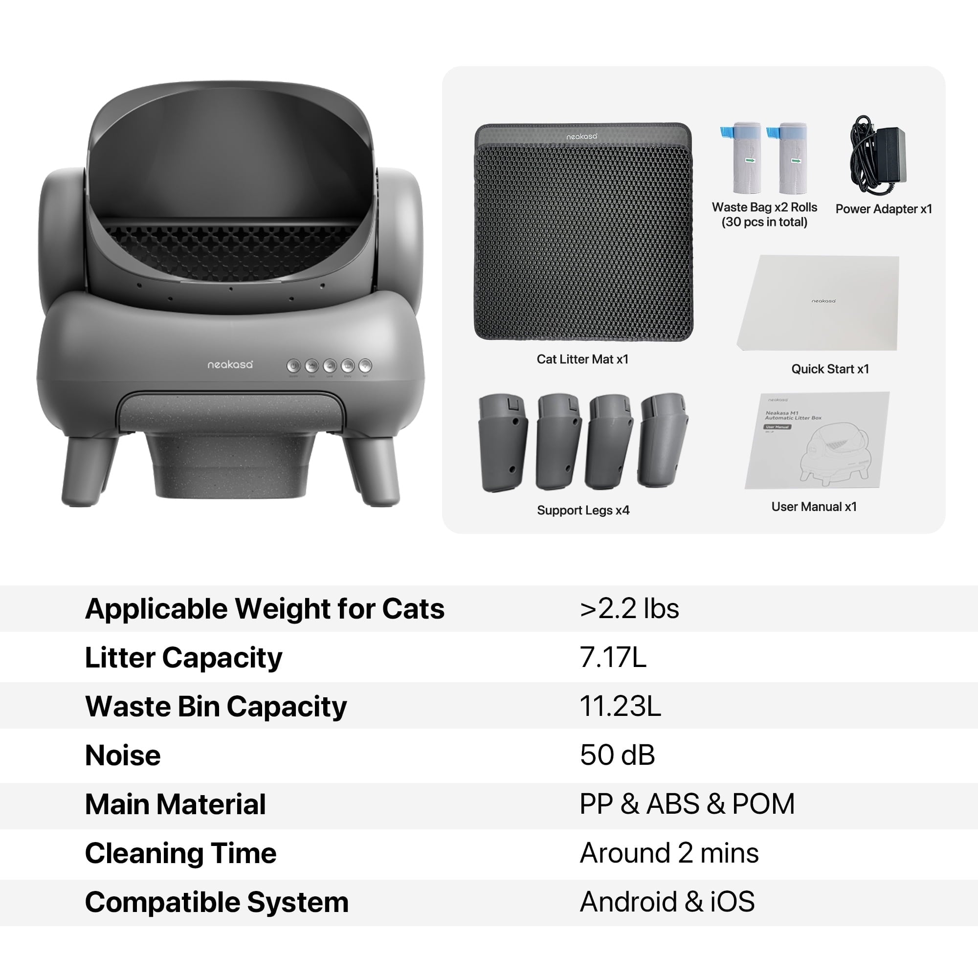 Neakasa M1 Open-Top Self-Cleaning Cat Litter Boxes, Automatic 7.17L Cat Litter Box with APP Control, Gray