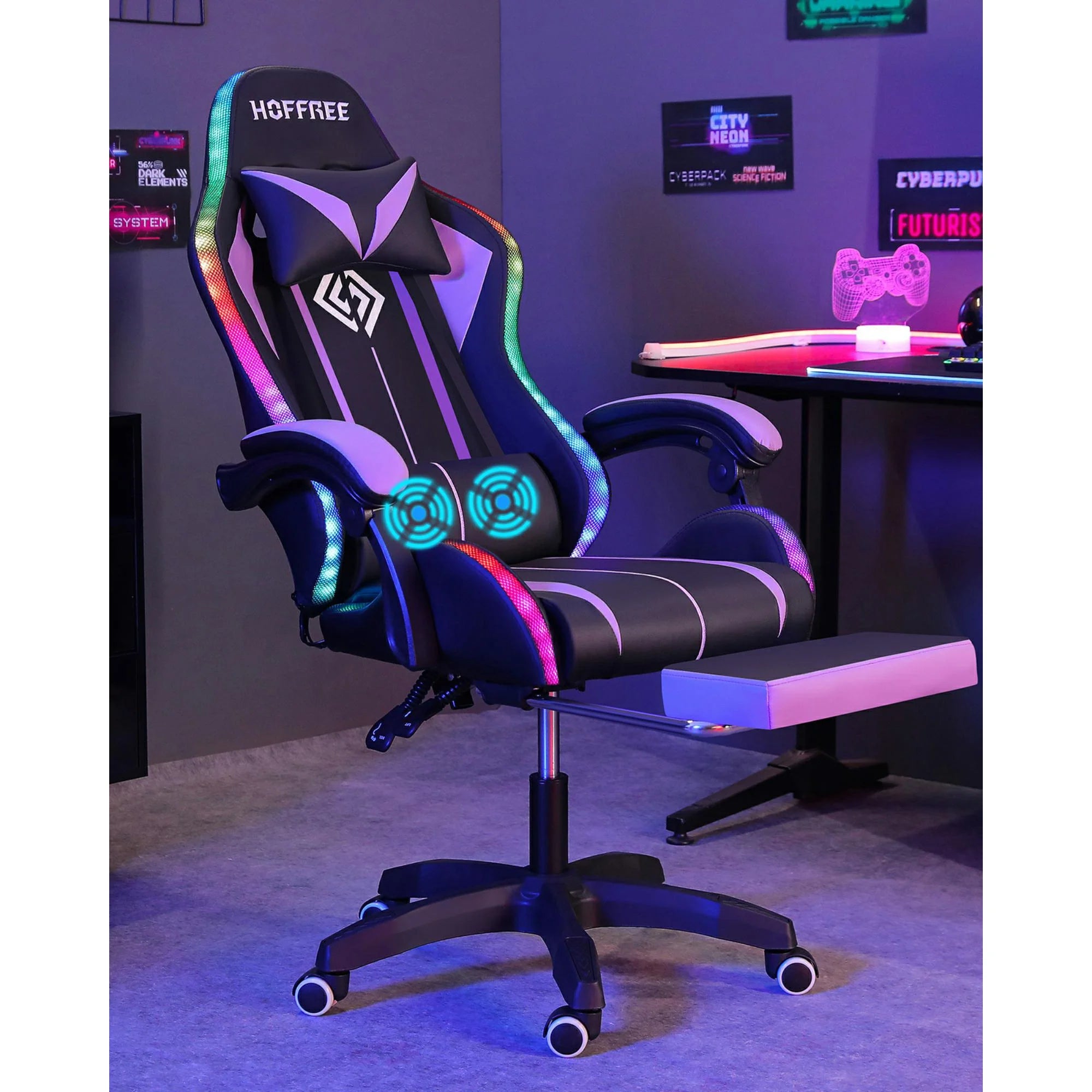 Hoffree HOGC-GP202 Gaming Chair with Massage PU Leather Office Chair with Footrest and LED Light Ergonomic Lumbar Support Adjustable Headrest High Back, Purple