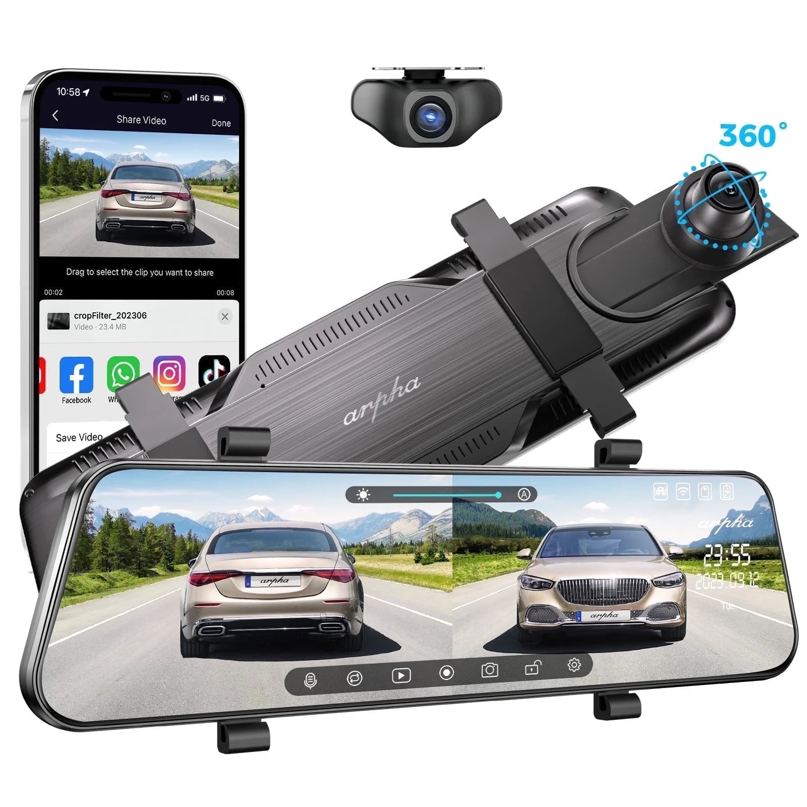 Arpha E21 10'' 1080P Rear View Mirror Full Touch Screen Camera, Black