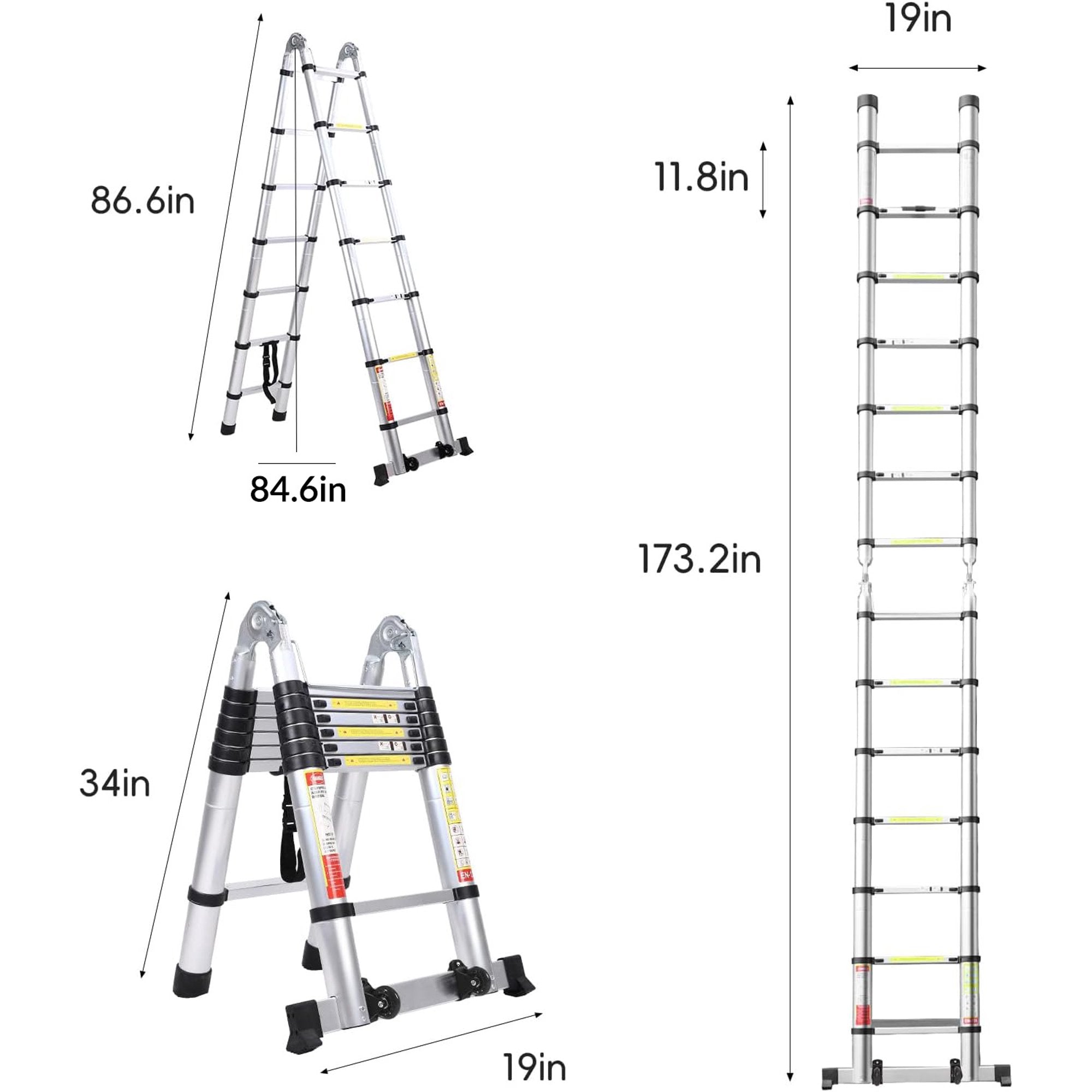 BOWEITI MULTEL-145-T 14.5' Multi-Purpose A-Frame Telescoping Extension Aluminum Ladder W/Wheels/Tooltray 330lb Capacity