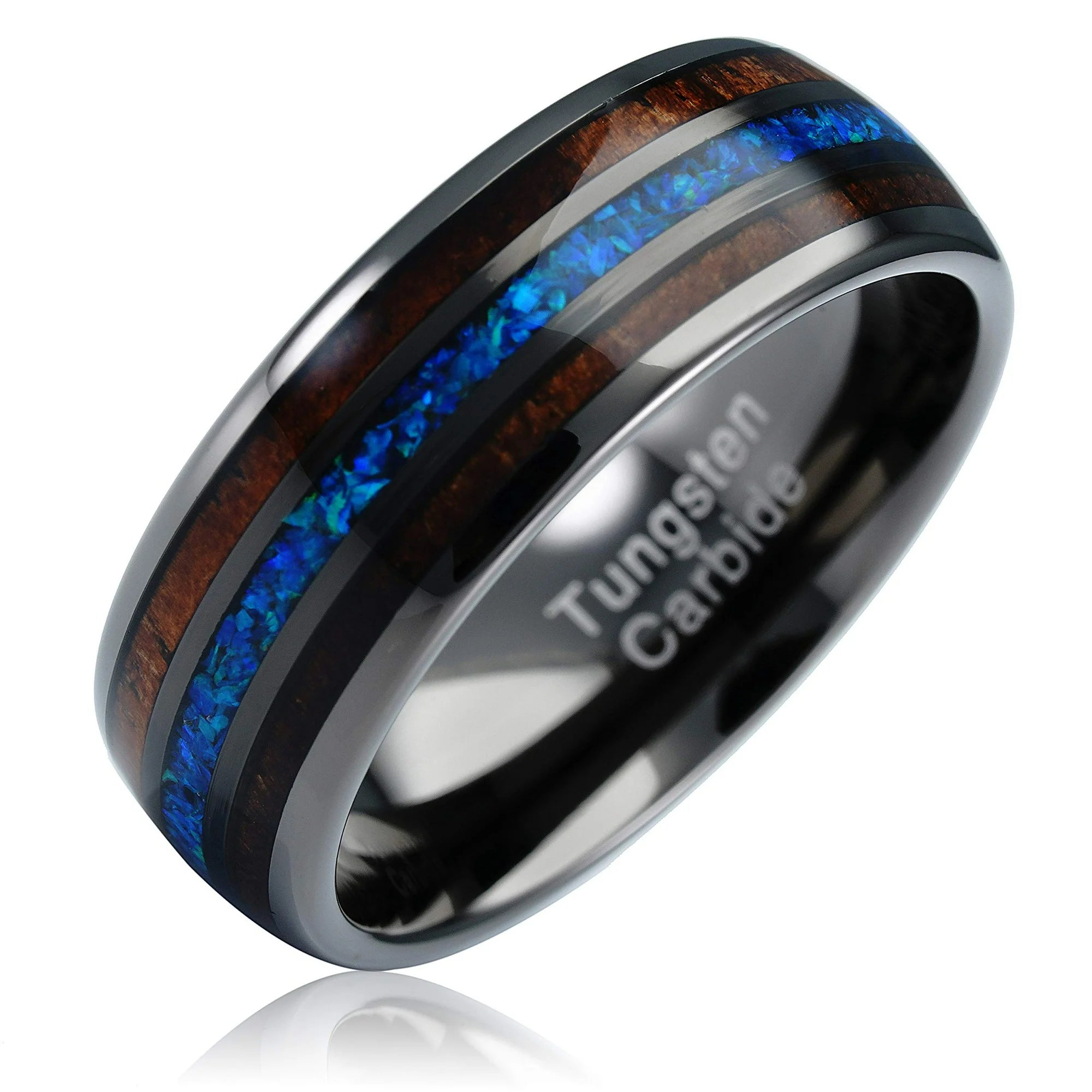 100S JEWELRY Gunmetal Tungsten Ring for Men Koa Wood Blue Opal Inlaid Wedding Band Promise,12