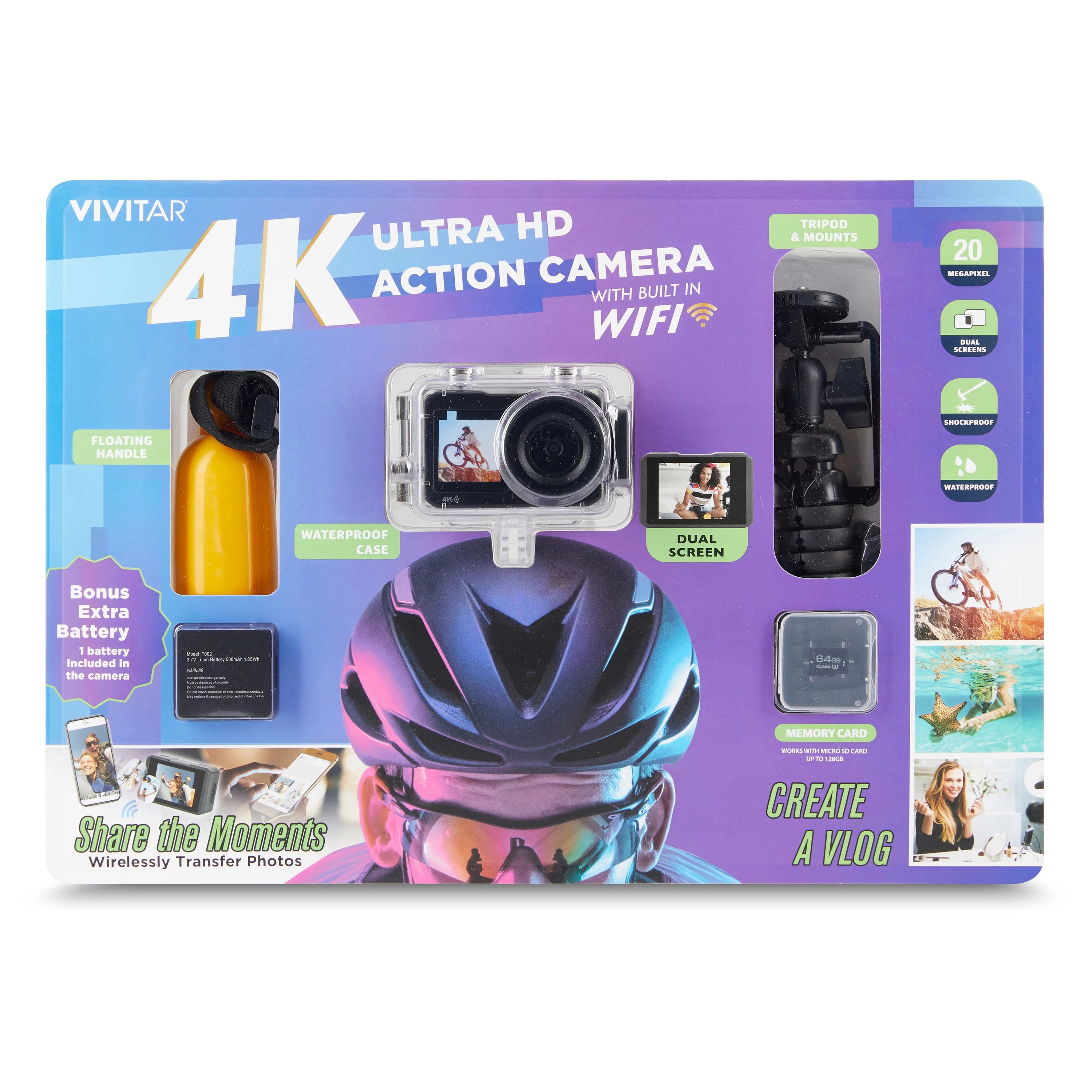 Vivitar DVR923 4K Ultra HD Action Camera Kit Dual Screen with Wifi Bonus Battery Includes SD Card Floating Handle Tripod Mounts 20 Megapixel