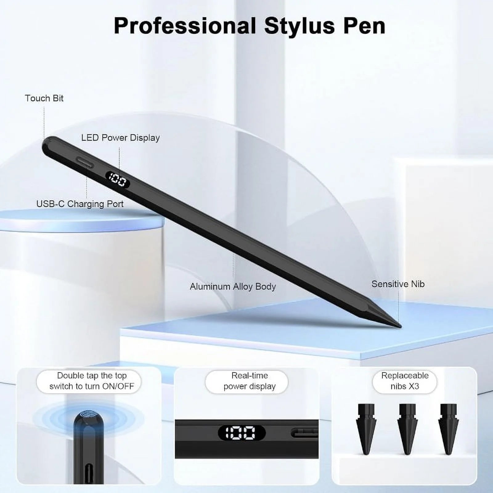 Kapasocap Stylus Pen for iPad with Battery Meter for Touch Screen, 11/12.9 (Black)