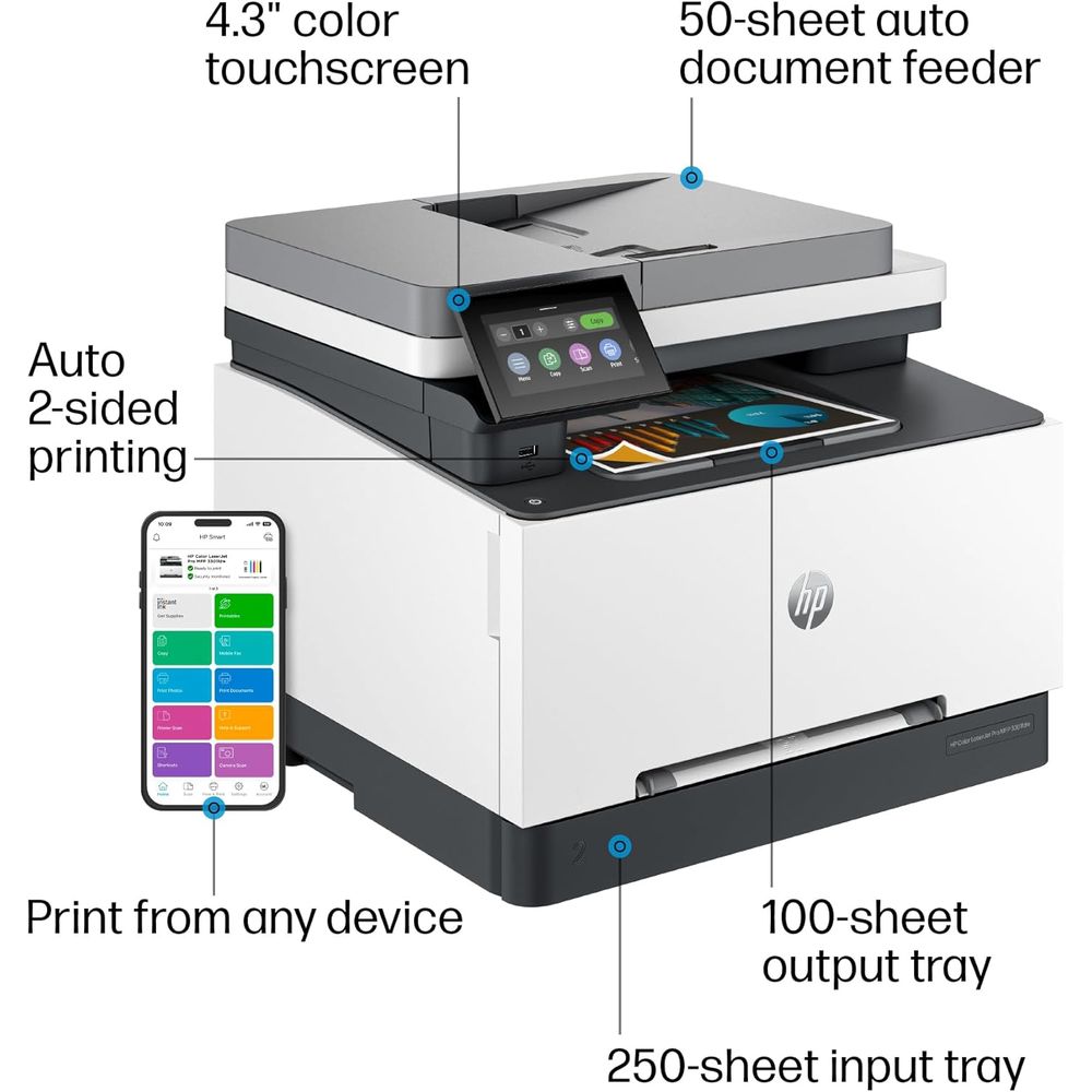 HP 499Q5F#BGJ Color LaserJet Pro MFP 3301fdw Laser Printer, Color Mobile Print, Copy, Scan, White & Slate