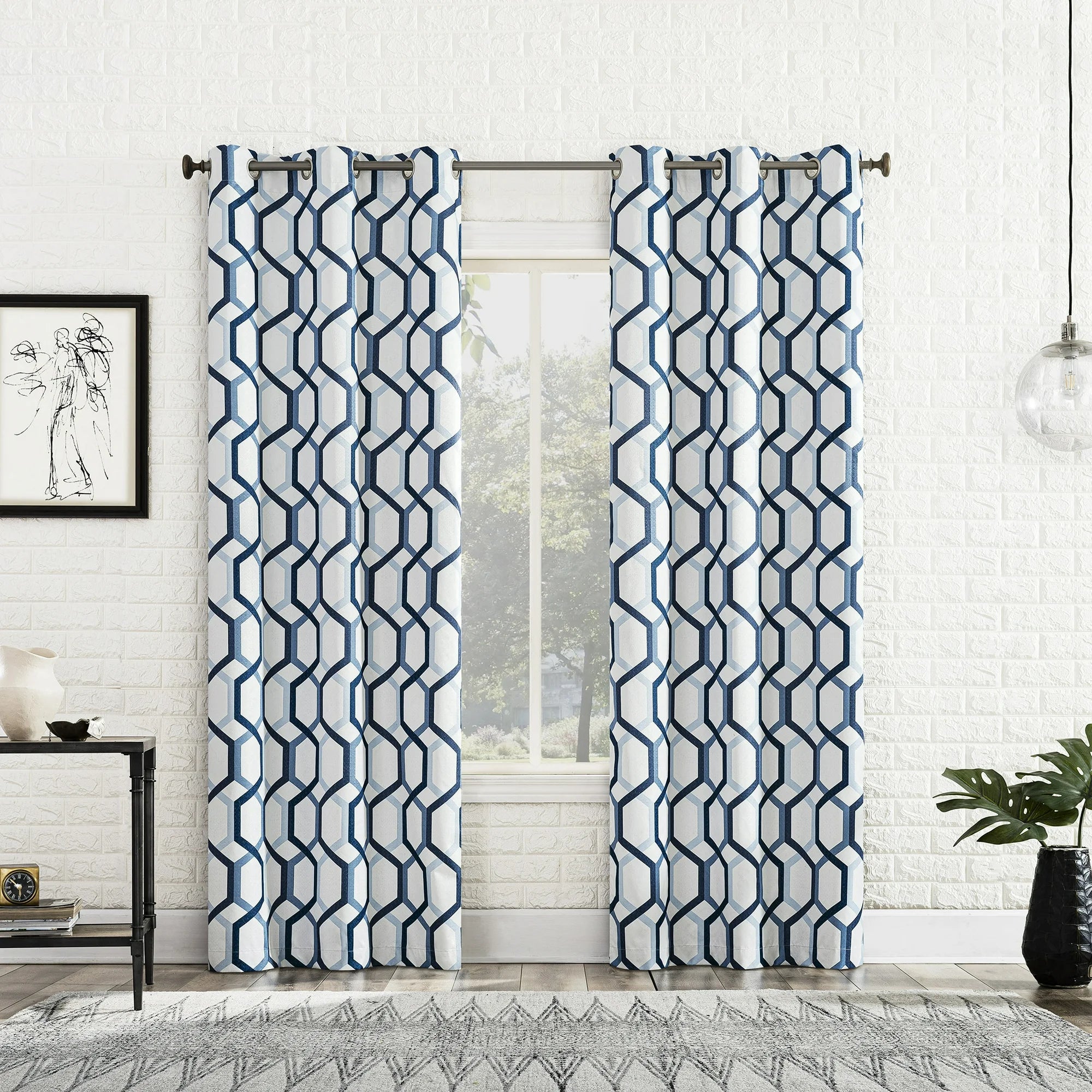 Lichtenberg 62950 Sun Zero 2 Pack Arlo Textured Thermal Insulated Grommet Curtain Panel, 40x95 Blue/Geometric