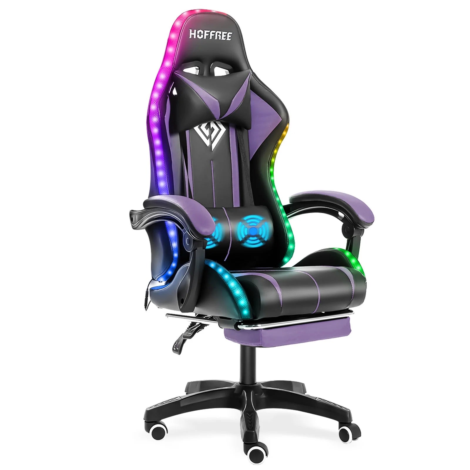 Hoffree HOGC-GP202 Gaming Chair with Massage PU Leather Office Chair with Footrest and LED Light Ergonomic Lumbar Support Adjustable Headrest High Back, Purple