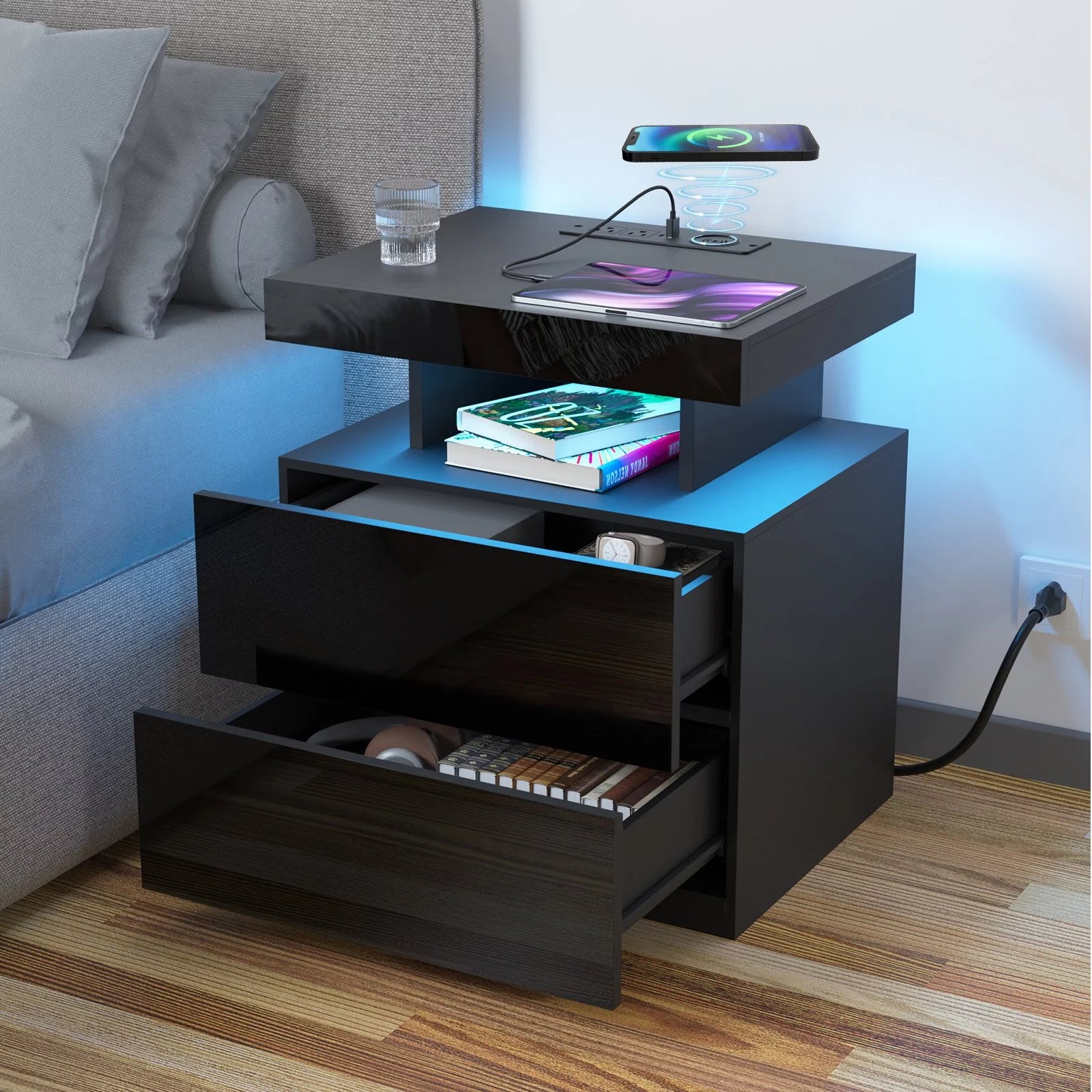 HOMMPA LED Nightstand with Wireless Charging Station Modern Nightstand