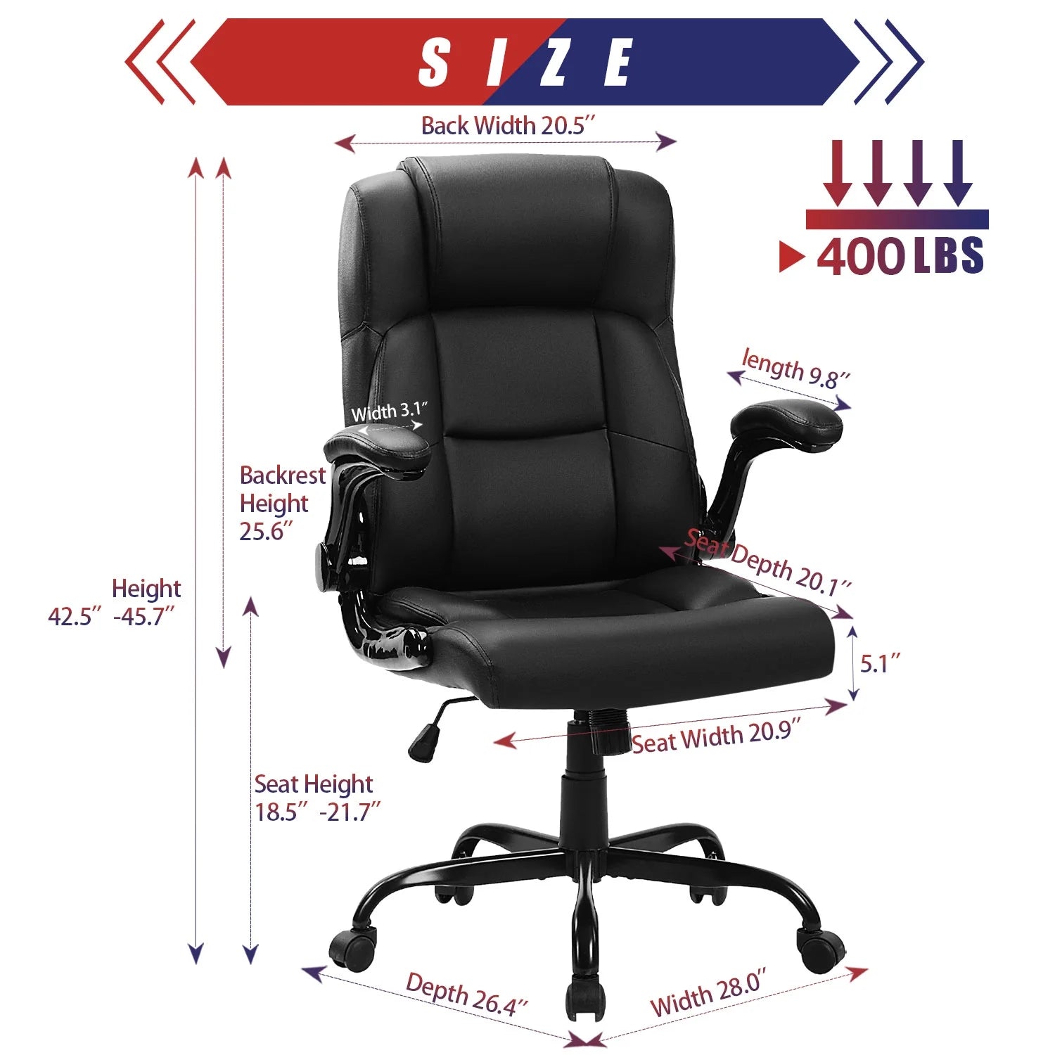 JONPONY XL-9189-BLACK 400LBS Wide Seat Ergonomic Computer Desk Chair, Black