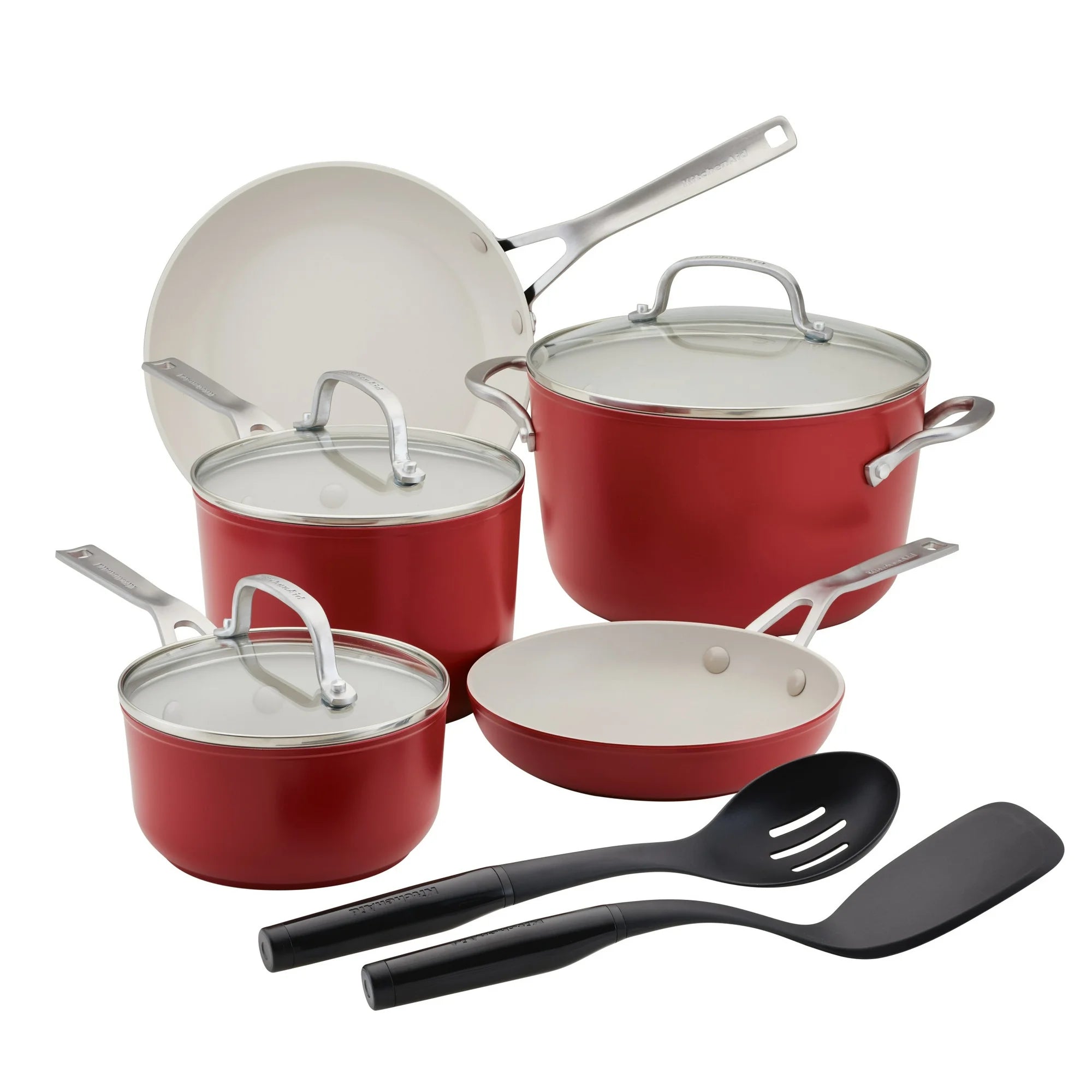 KitchenAid 12575 Ceramic 10 Piece Nonstick Aluminum Cookware Set, Brushed Stainless Steel