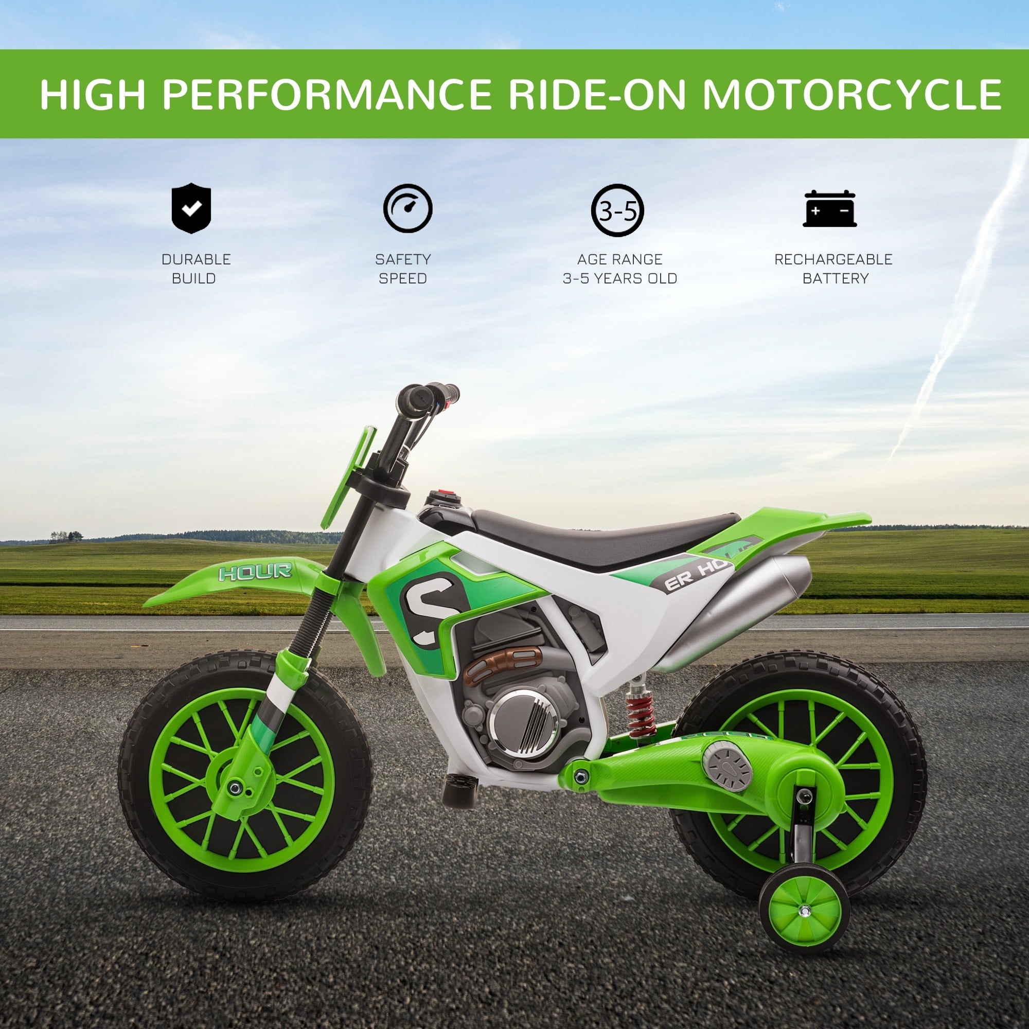 Aosom 370-165V80GN 12V Kids Motorcycle Dirt Bike Electric Ride-On Toy Off Road, Green