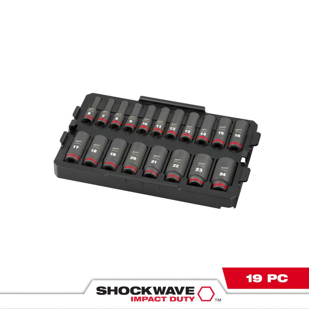 Milwaukee 49-66-6816 Shockwave Impact-Duty 3/8 Drive Metric Deep Well Impact Socket Set, 19 Piece