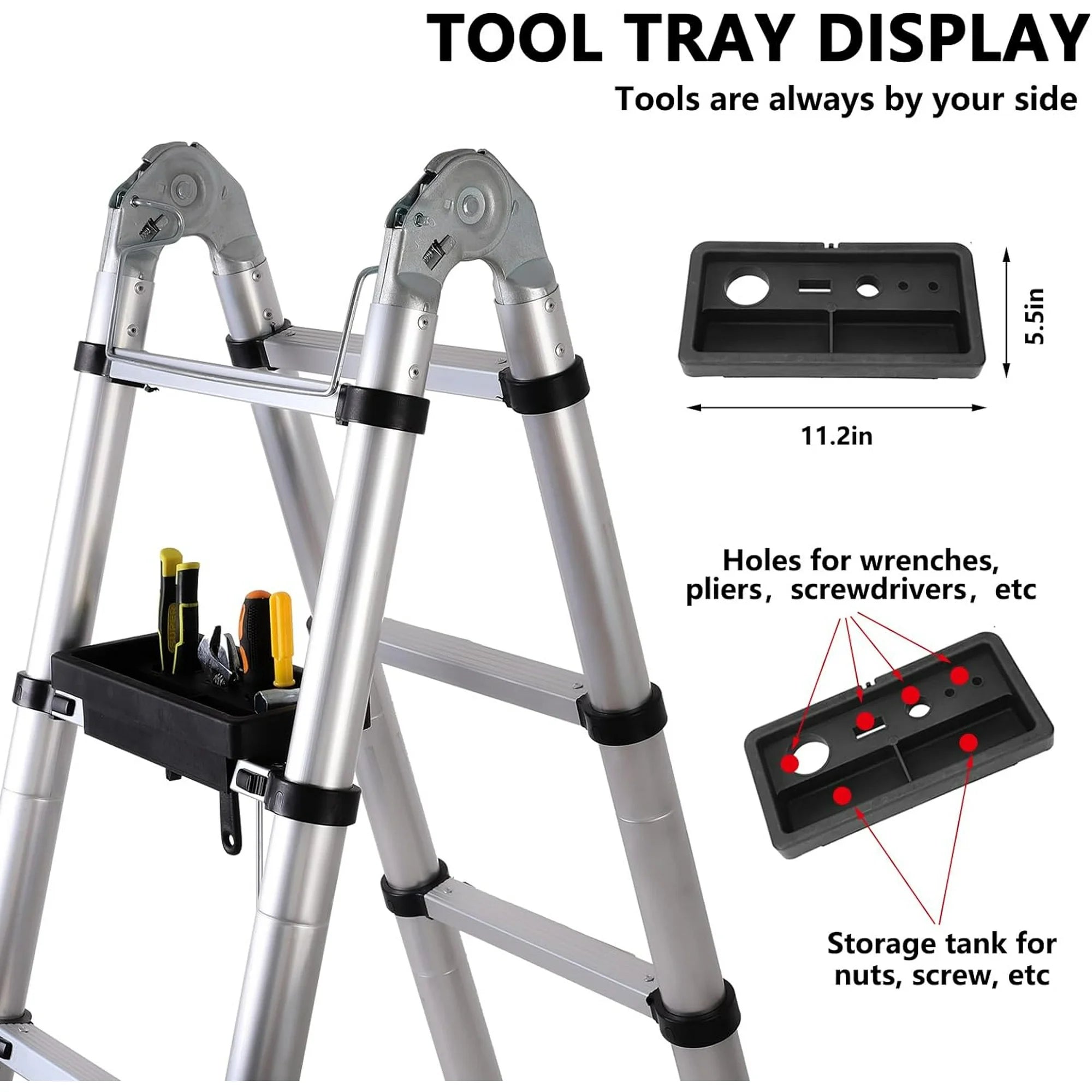 BOWEITI MULTEL-145-T 14.5' Multi-Purpose A-Frame Telescoping Extension Aluminum Ladder W/Wheels/Tooltray 330lb Capacity