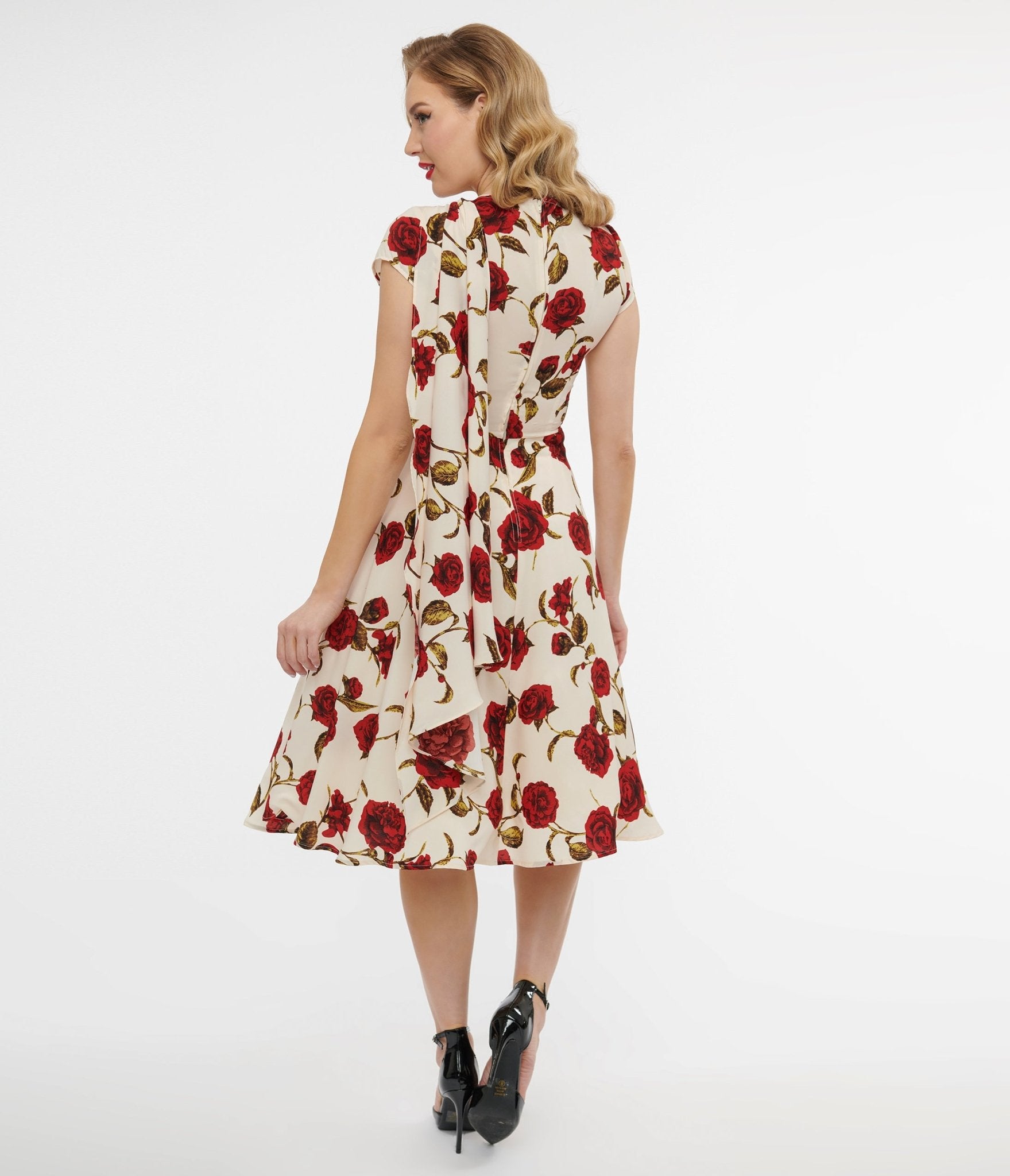 Unique Vintage 1940s Cream & Red Rose Print Sash Swing Dress