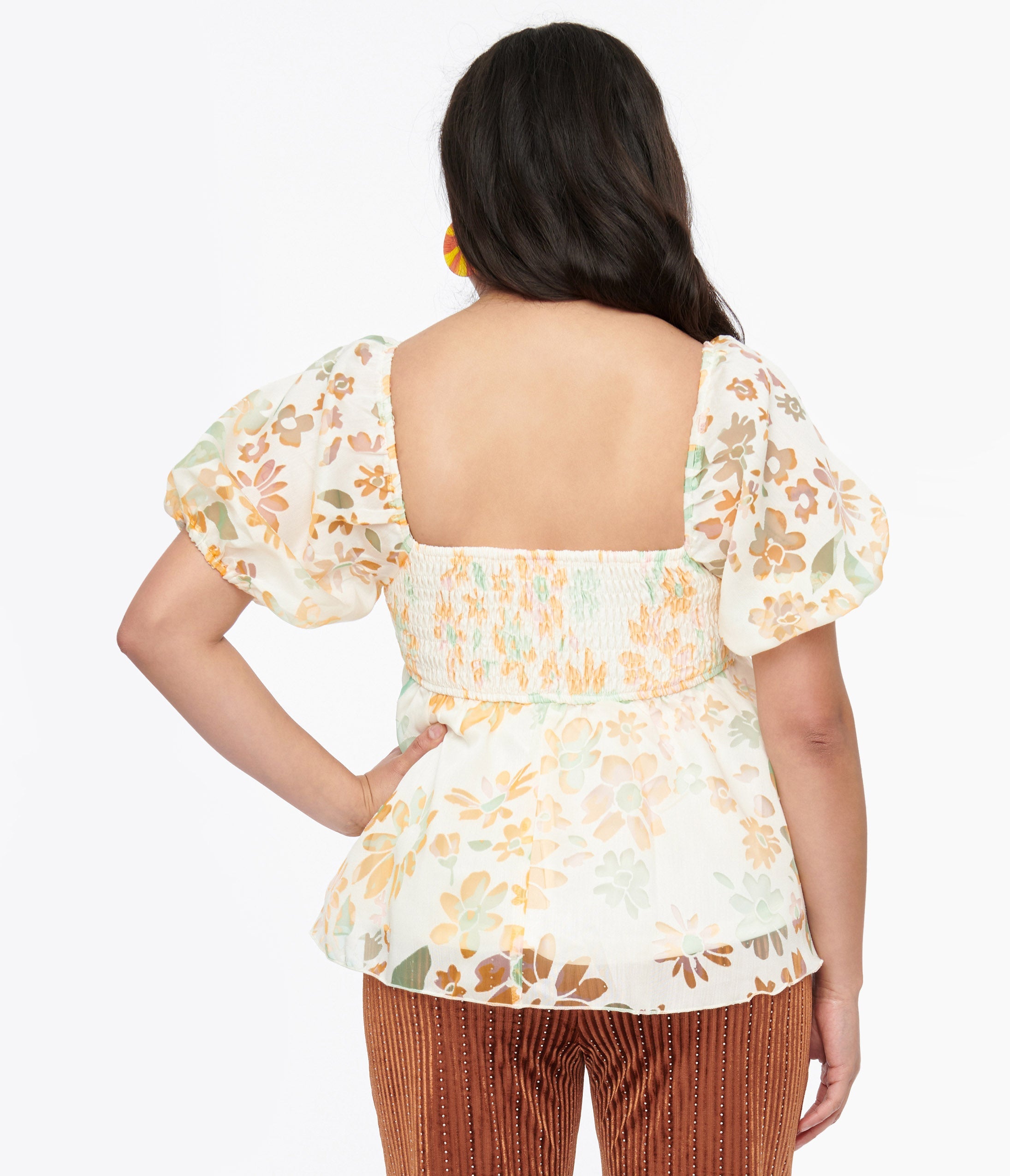 Ivory & Tangerine Floral Babydoll Blouse